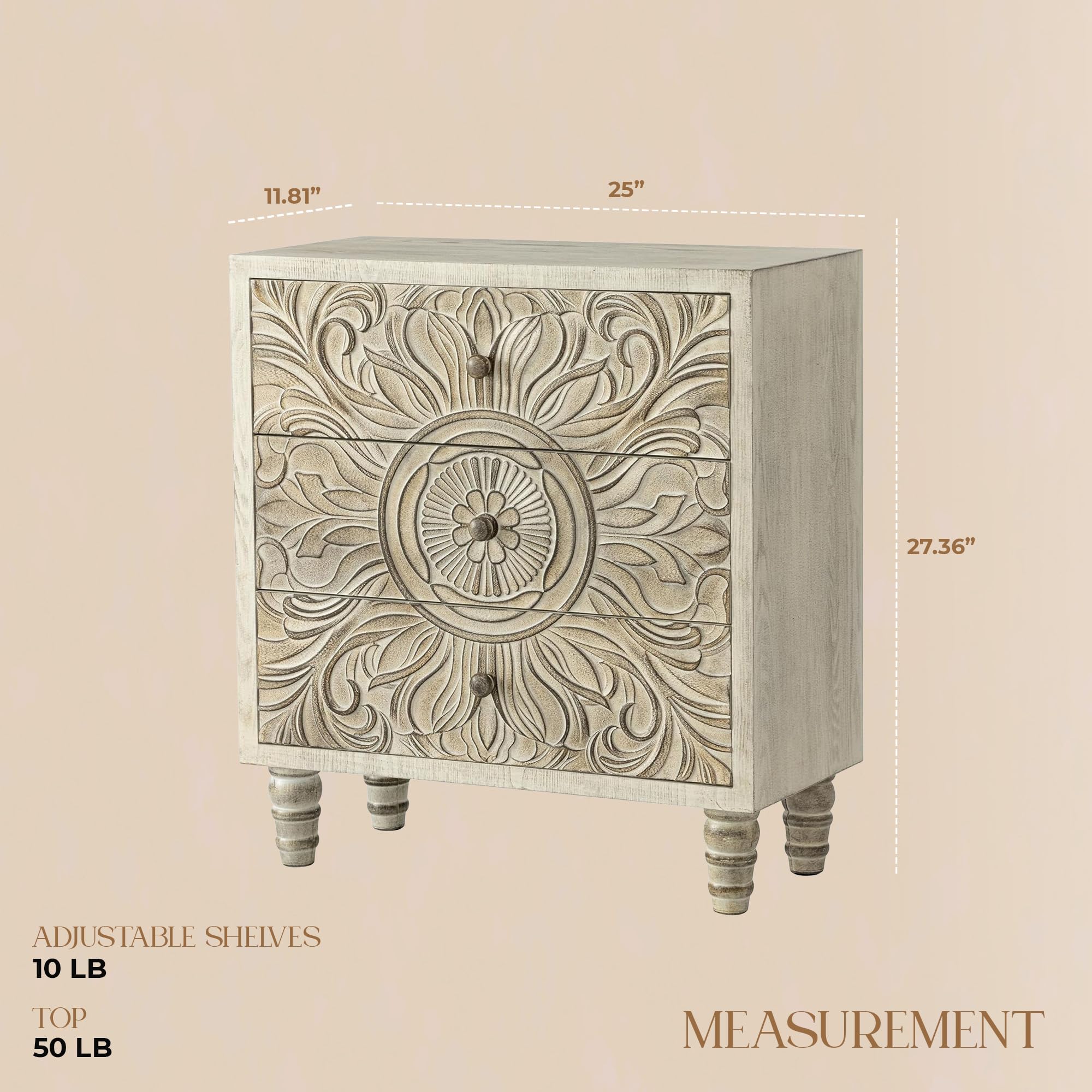 3-Drawer Carved Floral Dresser with Distressed White Finish