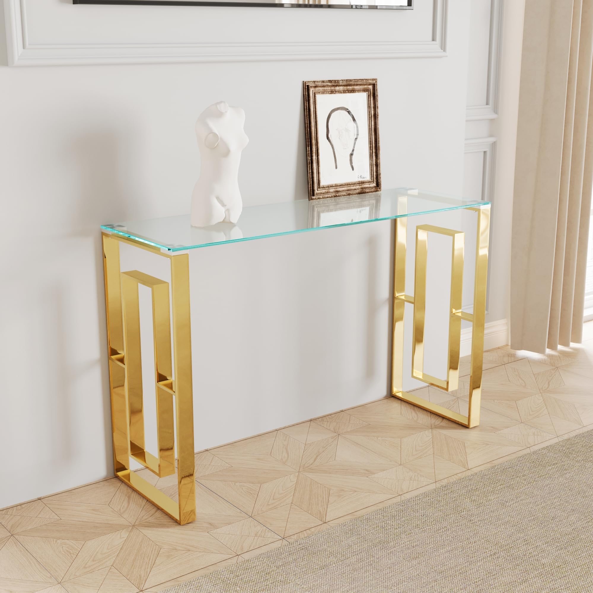 47.2" Glass Console Table with Stainless Steel Base