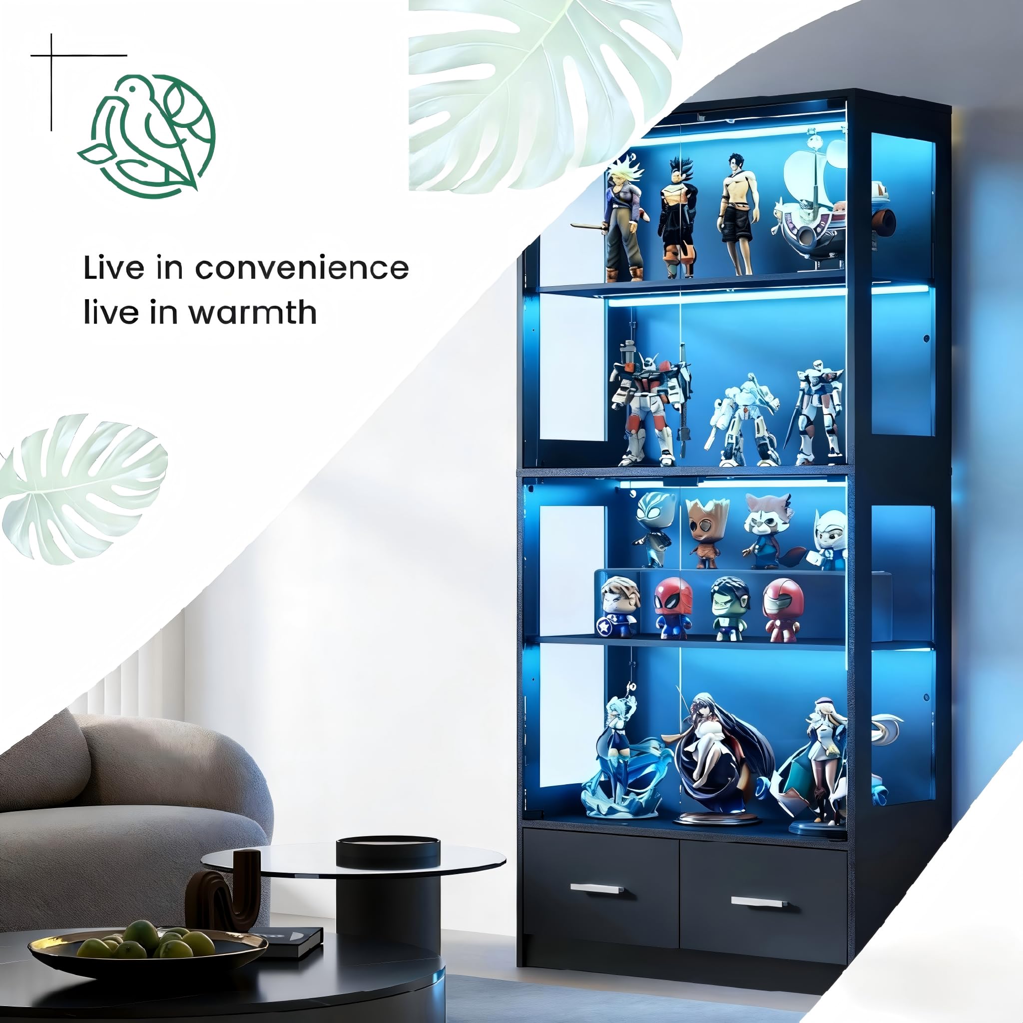 67" Glass Display Cabinet with RGB LED Lights & 2 Drawers