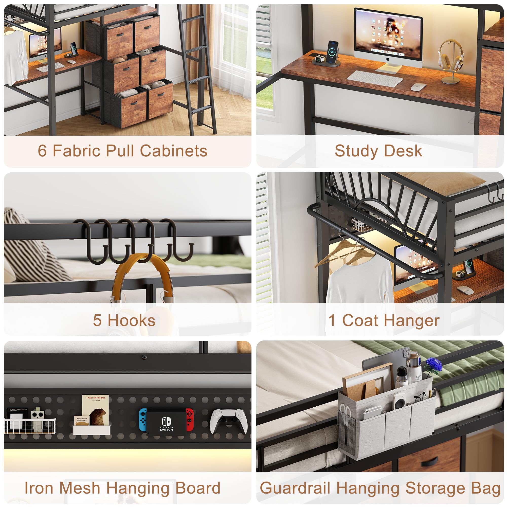 Twin Metal Loft Bed with Desk and Storage Cabinet