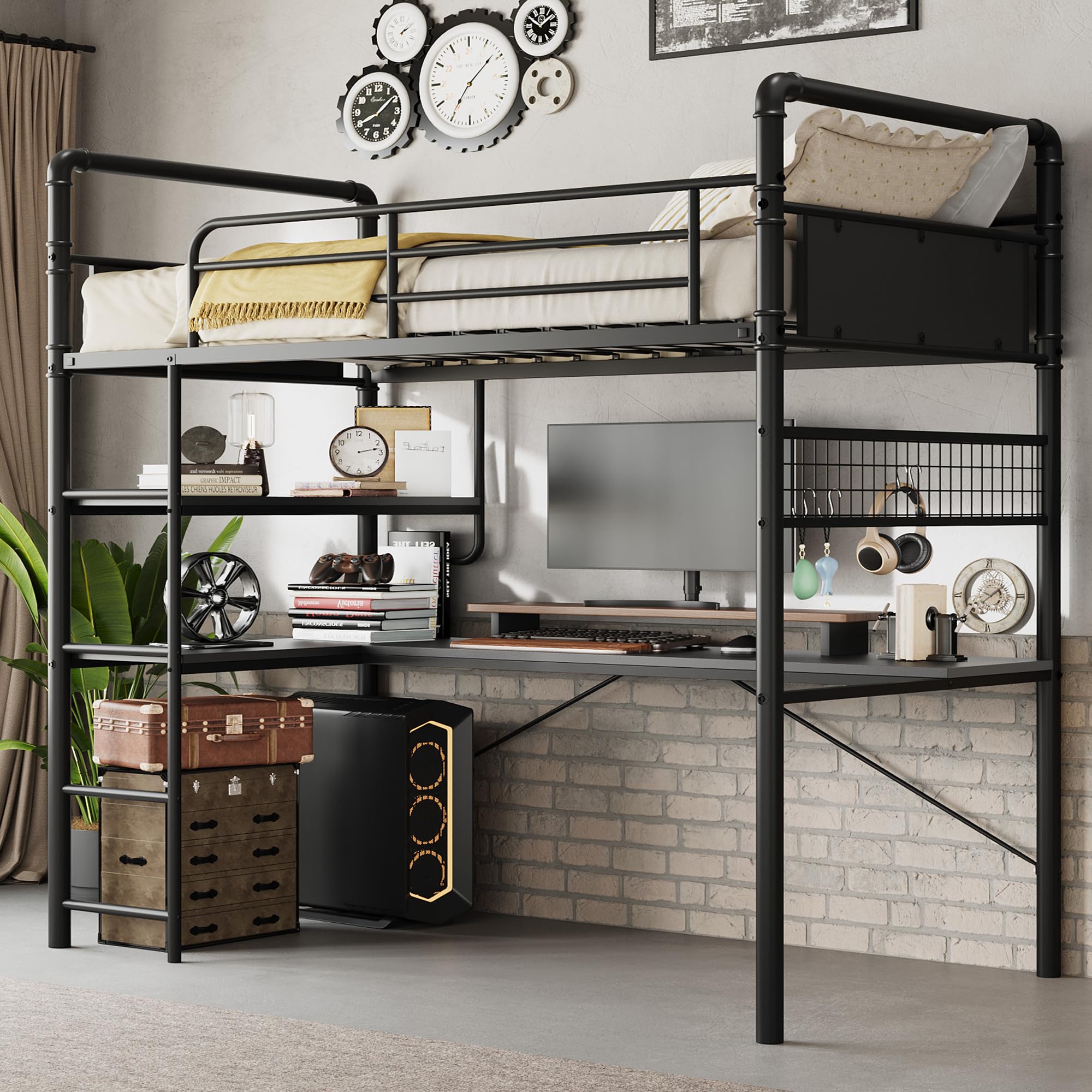 Twin Loft Bed with L-Shaped Desk and Ladder