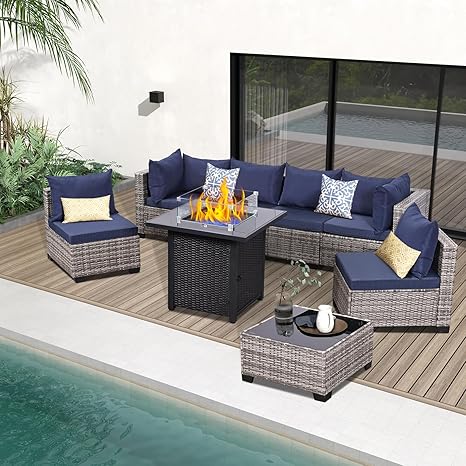 8 Piece Patio Furniture Set with Fire Pit Table