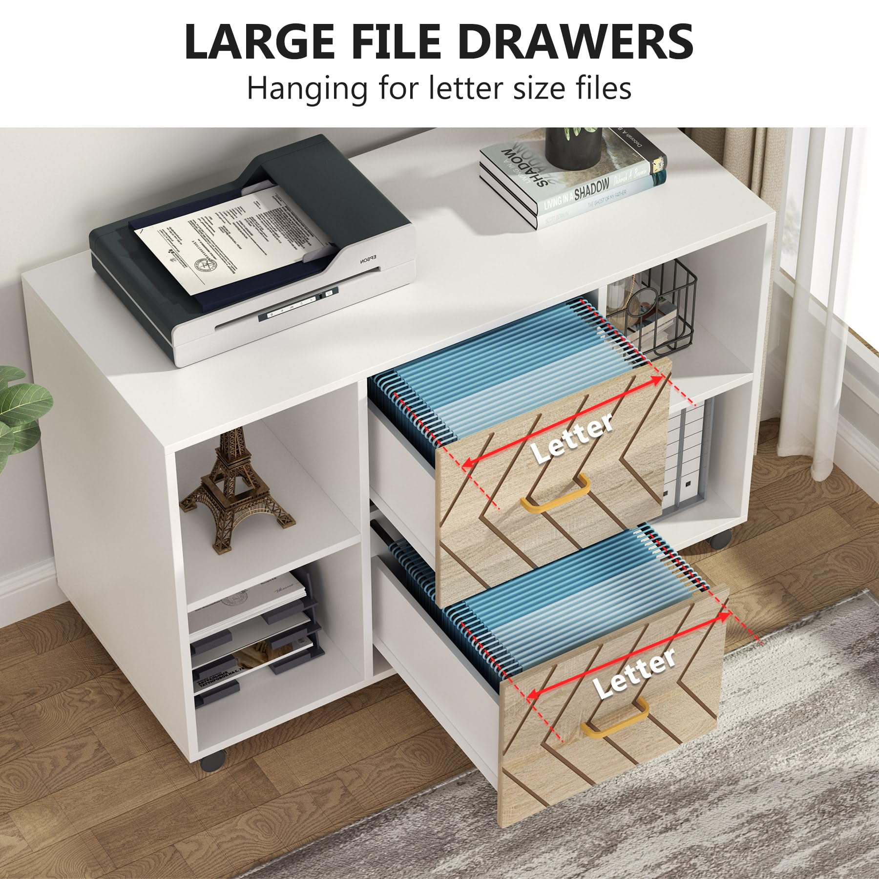 2 Drawer Mobile File Cabinet with Storage Shelves