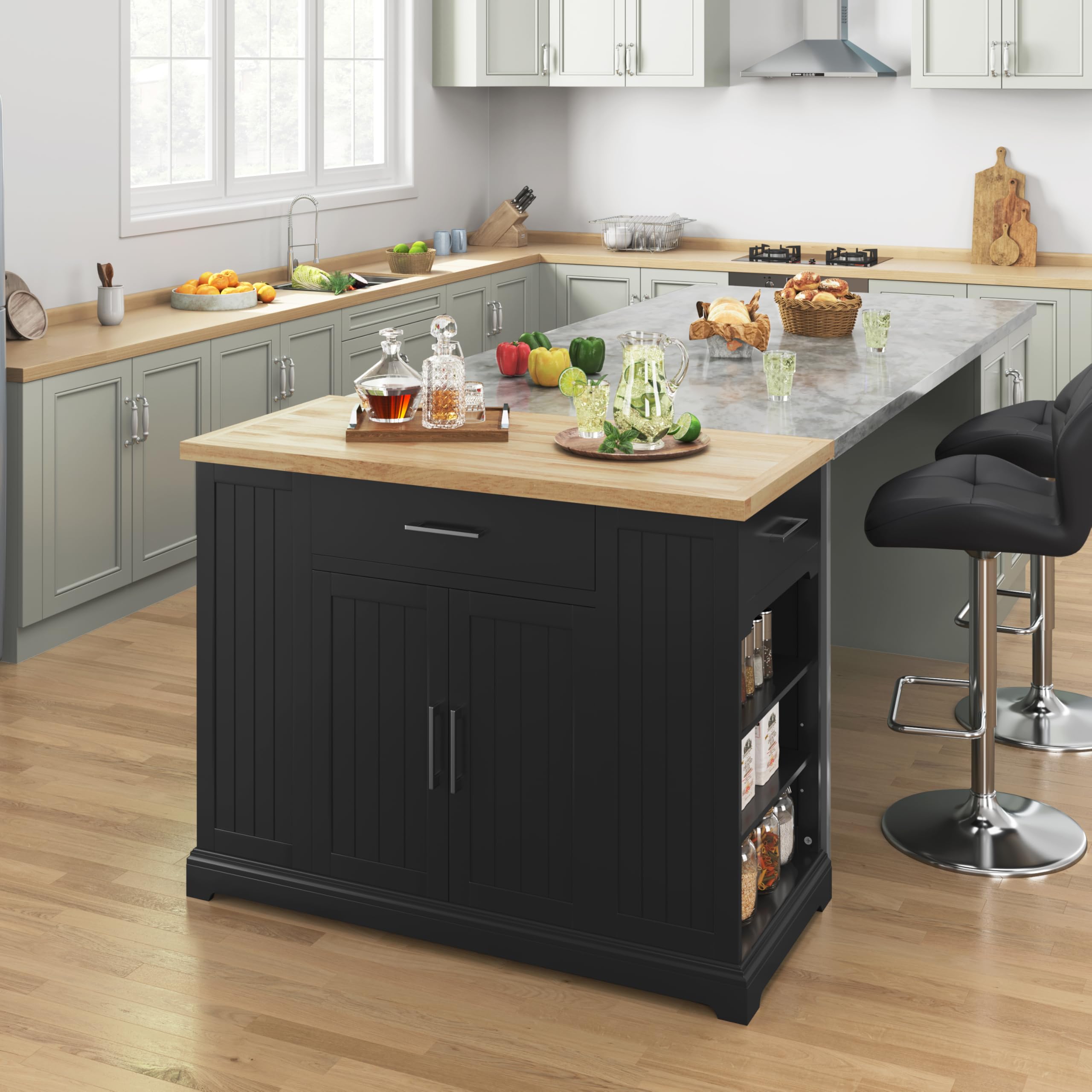 Kitchen Island on Hidden Wheels with Rubberwood Top