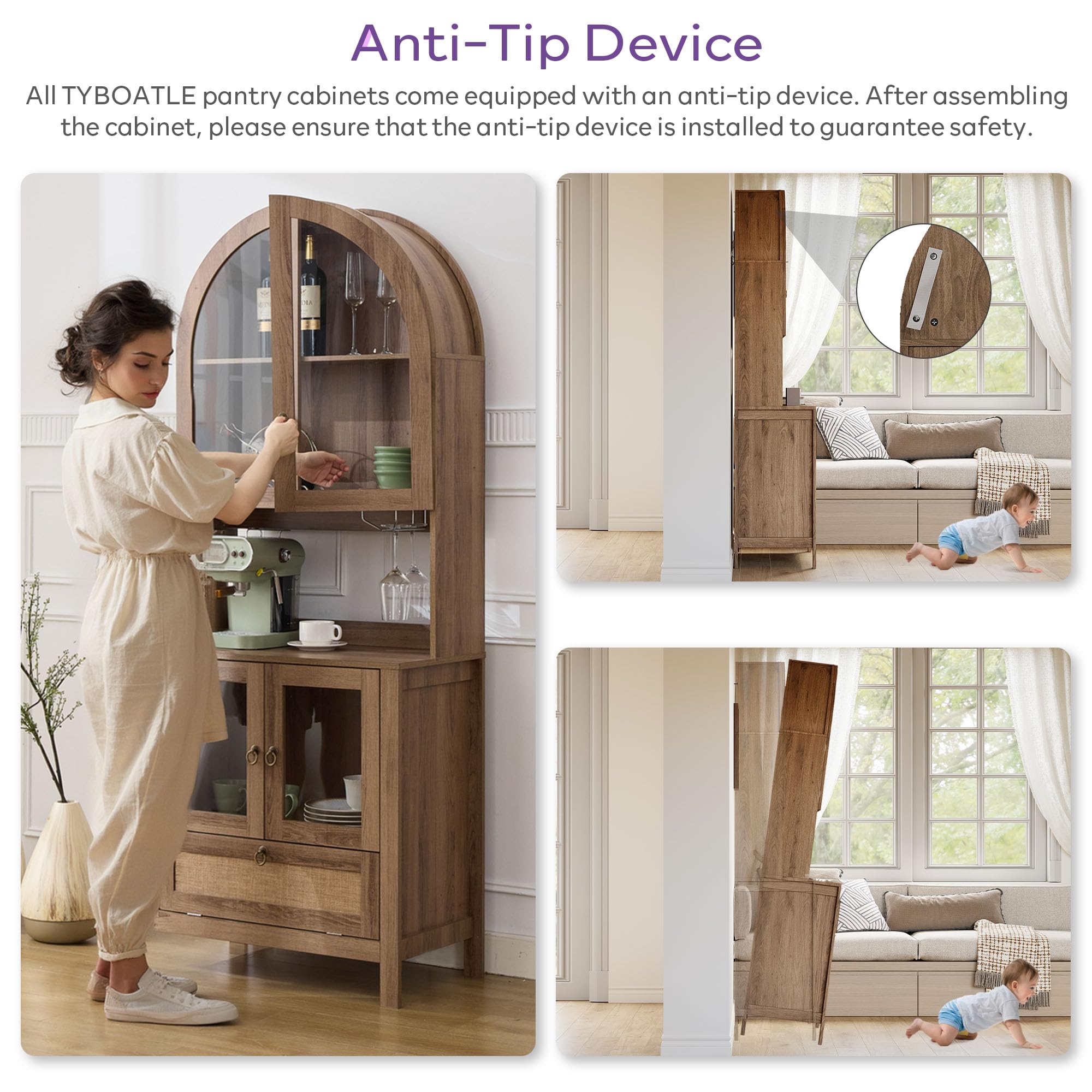 75" Tall Arched Pantry Cabinet with Glass Door
