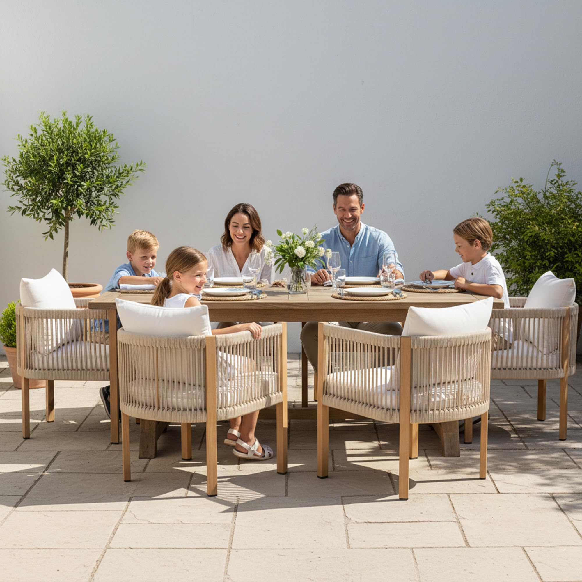 DAYARUS Patio Dining Chairs Set of 6, Rope Rattan Patio Furniture Set, All Weather Outdoor Dining Chairs with Cushions, Metal Barrel Dining Room Chair, Modern Kitchen Chair for Balcony/Porch, Beige