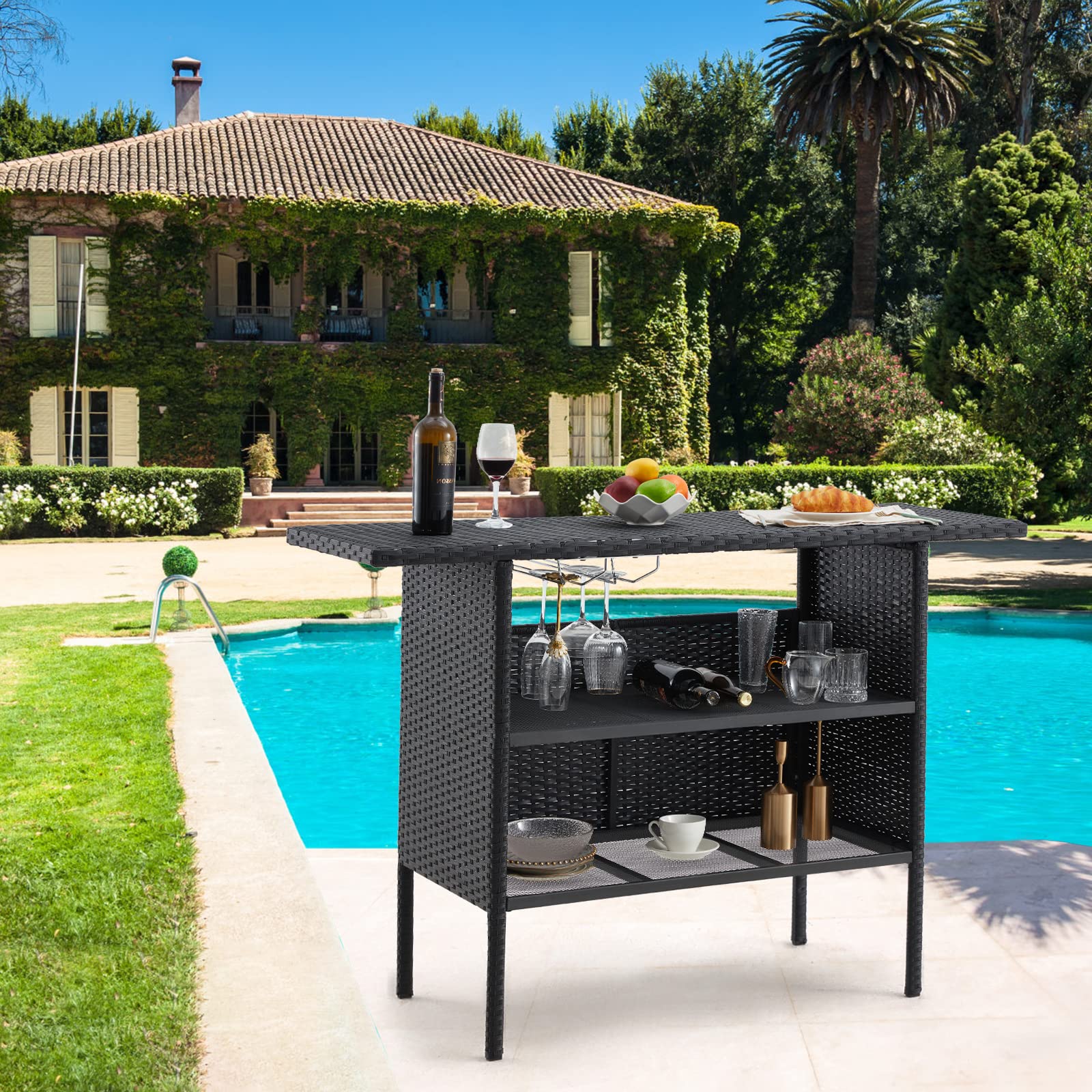 Outdoor Wicker Bar Table with Wine Glass Rack