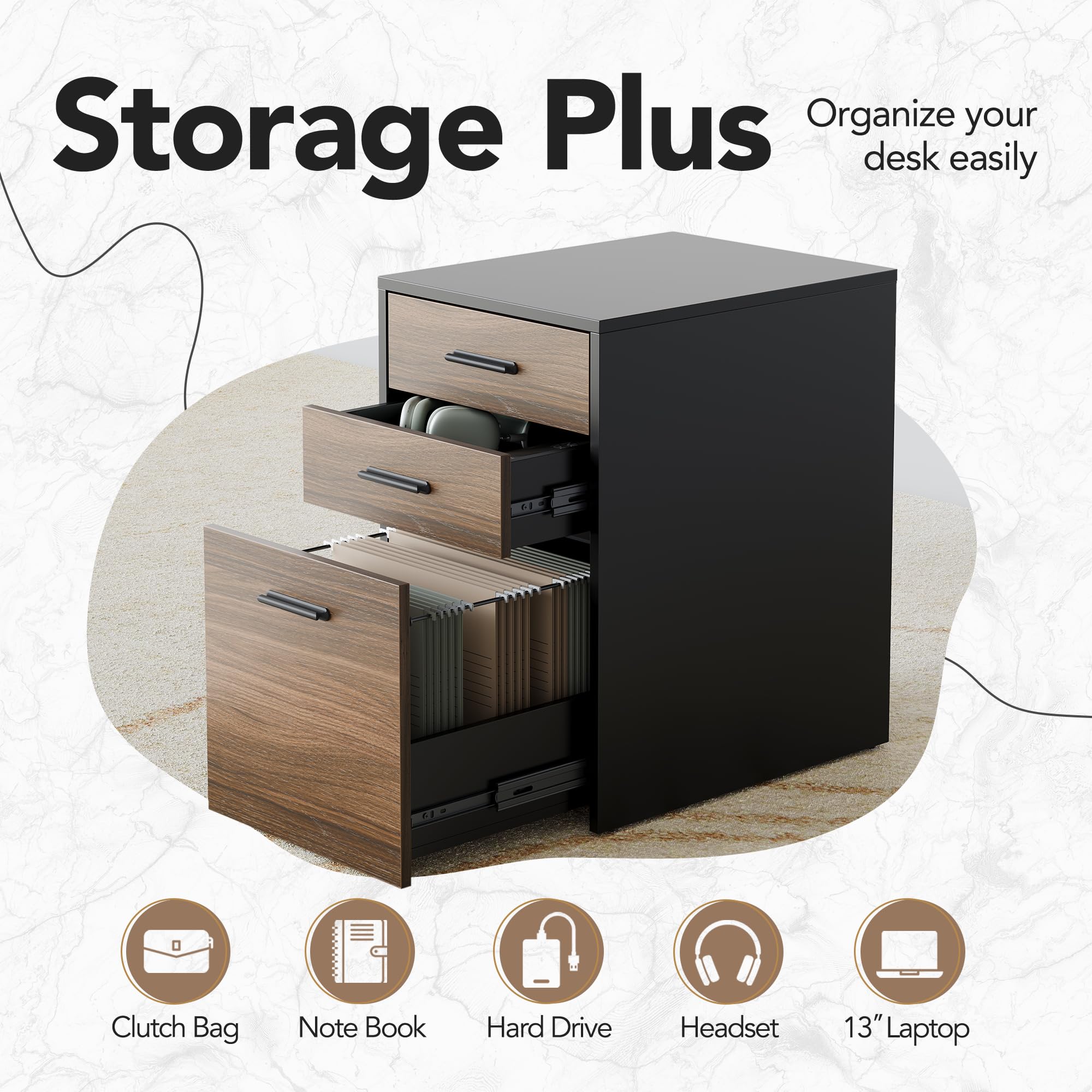 HUANUO 3 Drawer File Cabinet, Filing Cabinet for Home Office, Wood File Cabinet Fits for Letter/A4/Legal Size, Printer Stand, Black Walnut