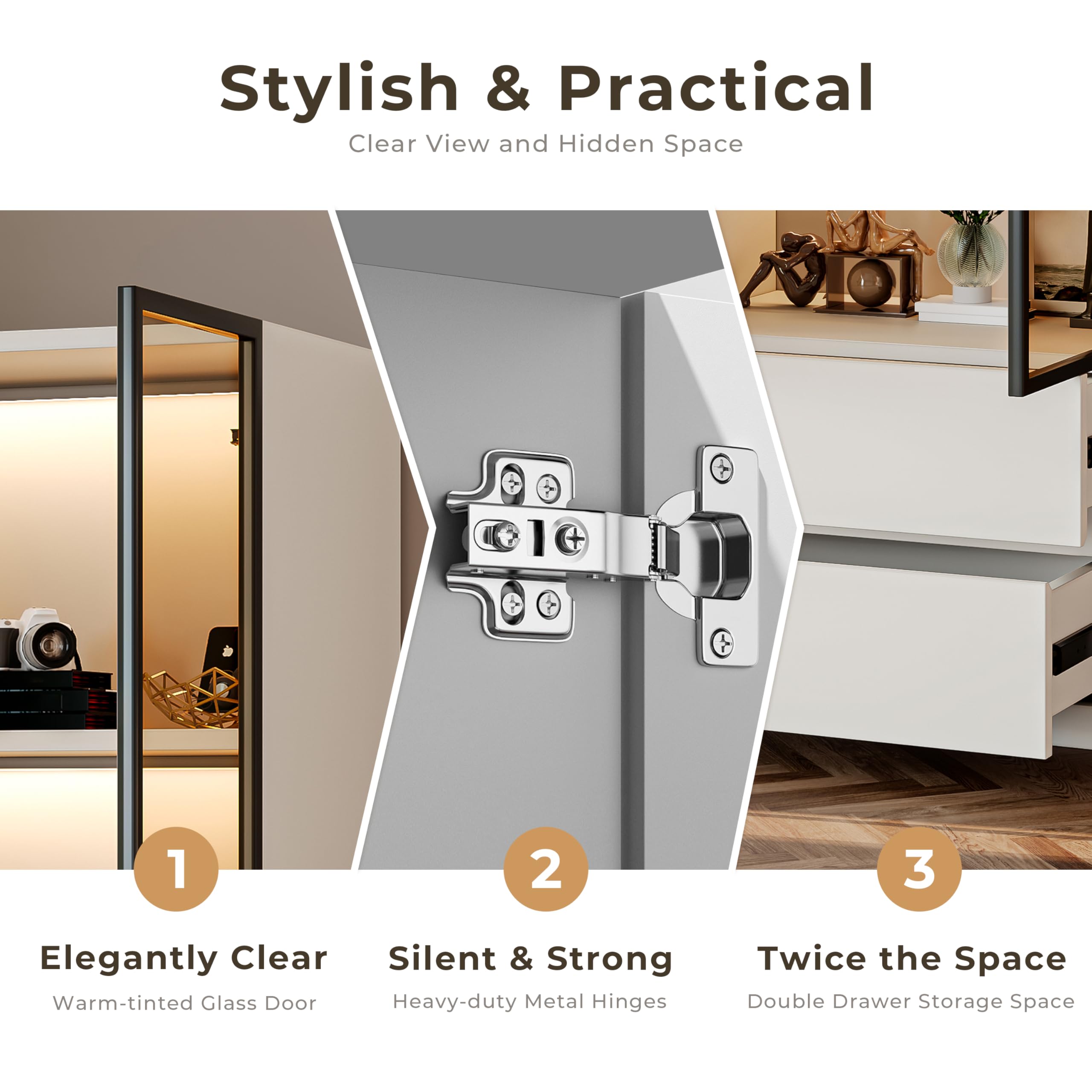 Modern White Lighted Glass Display Cabinet with Two Drawers