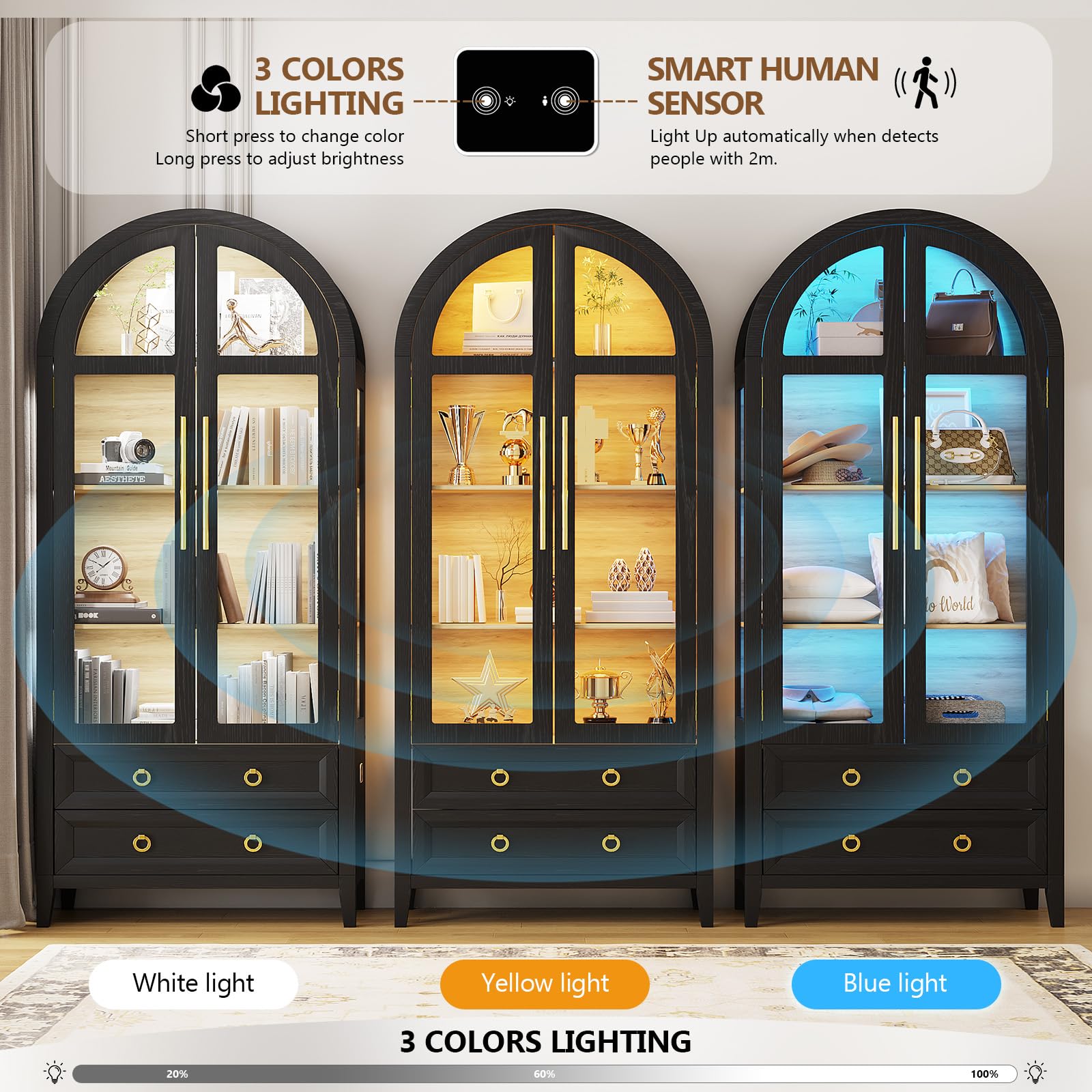 70.8" Arched Display Cabinet with LED Lights and Glass Doors