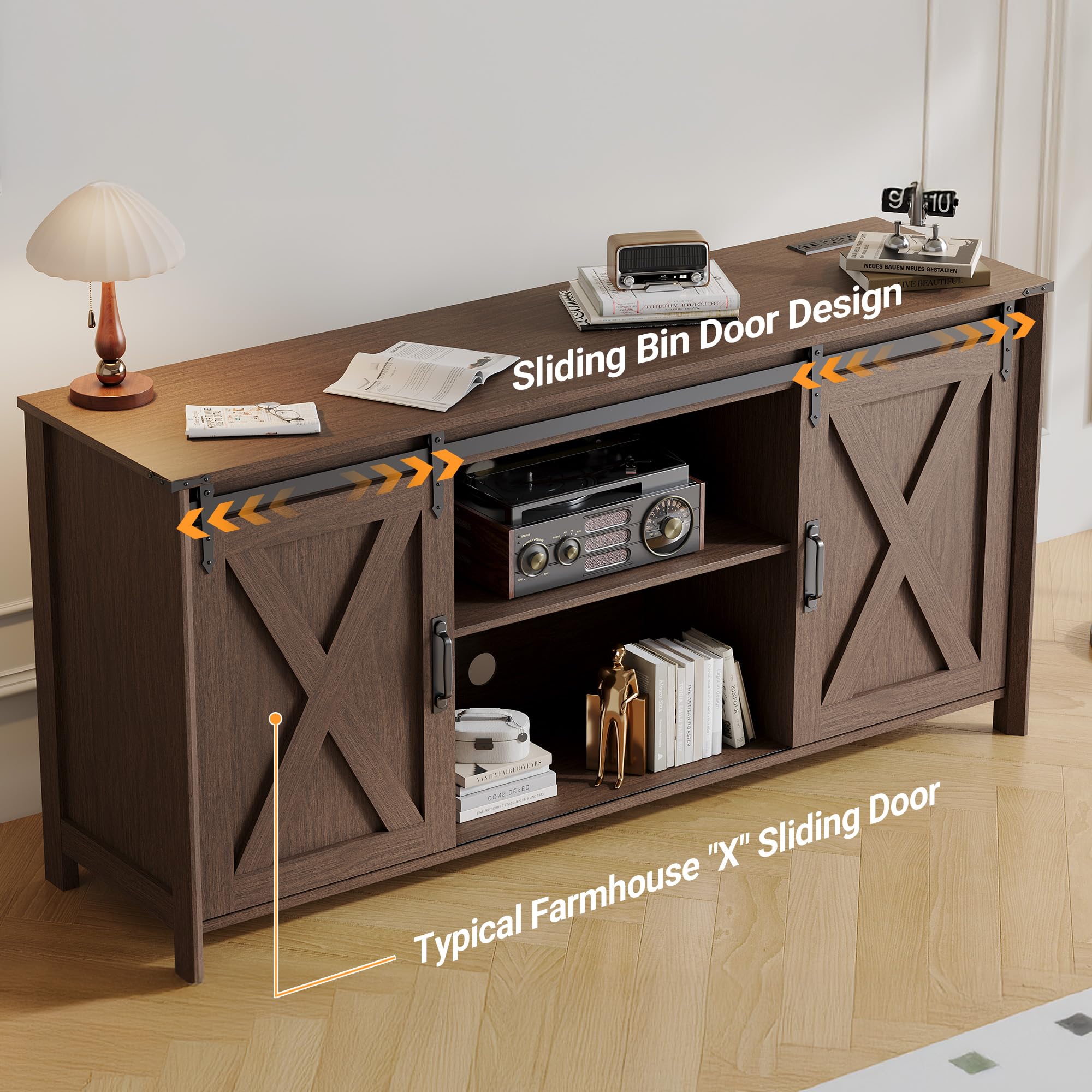 Farmhouse TV Stand with Power Outlet and Sliding Barn Doors