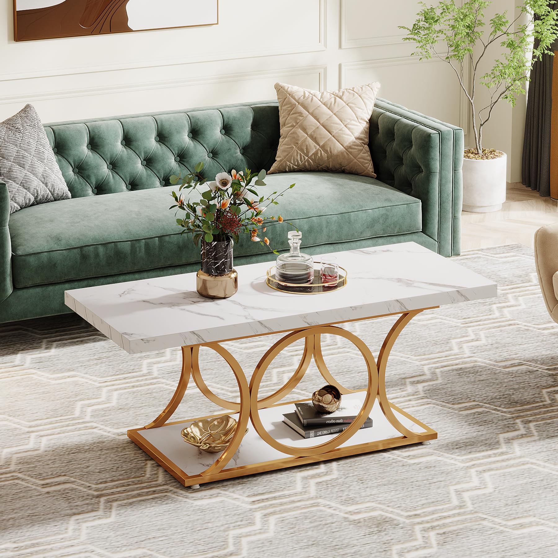 Tribesigns Rectangle Coffee Table, 46.45-inch Modern Coffee Tables for Living Room, 2-Tier Faux Marble Wood Coffee Table with Geometric Legs, Furniture with Storage Shelf (White & Gold)