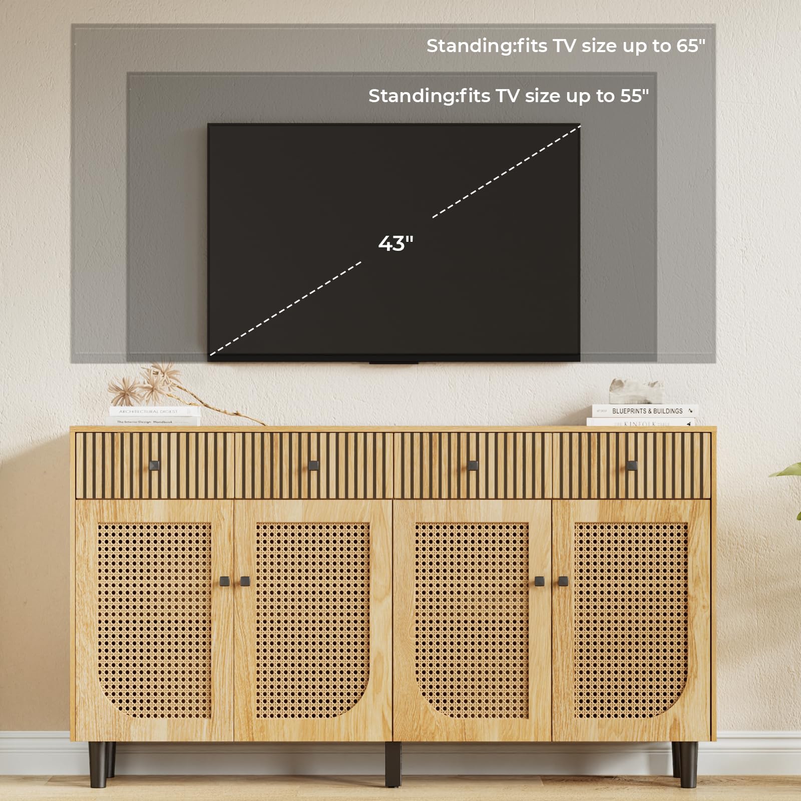 63 Inch Rattan Sideboard Buffet Cabinet with 4 Drawers
