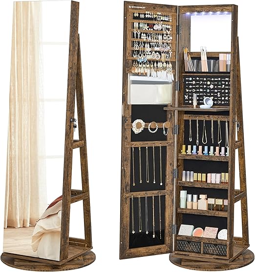 6 LEDs Lockable Mirror Jewelry Cabinet 360° Swivel Organizer Armoire