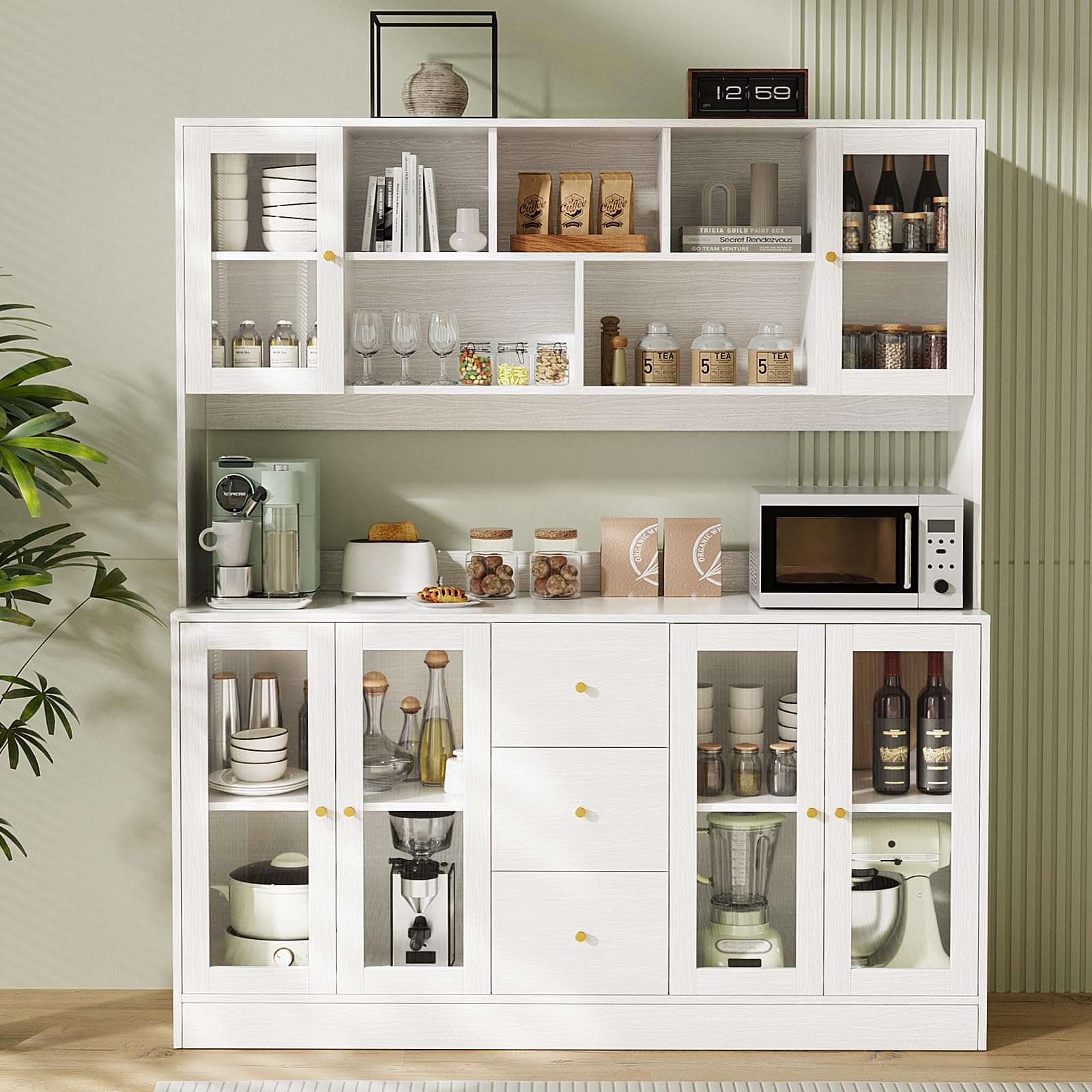 Kitchen Hutch Cabinet with Glass Doors