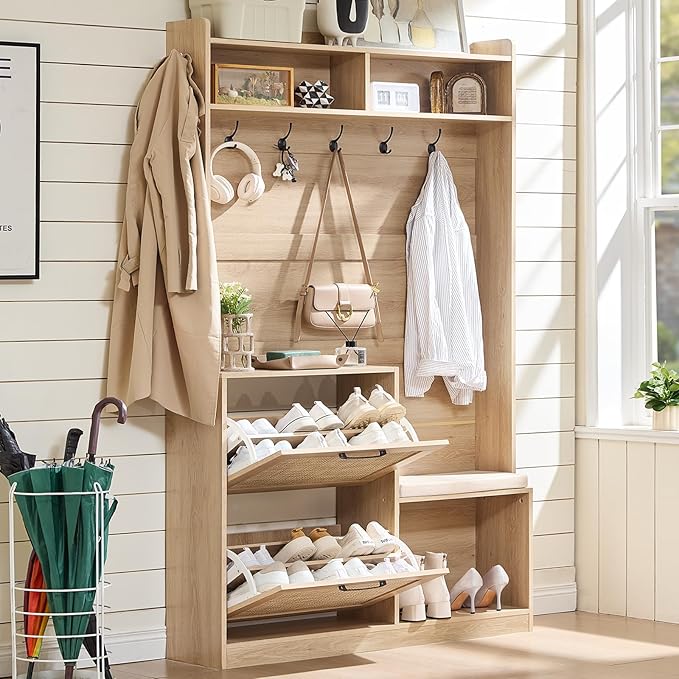 Boho Hall Tree with Bench & Shoe Storage