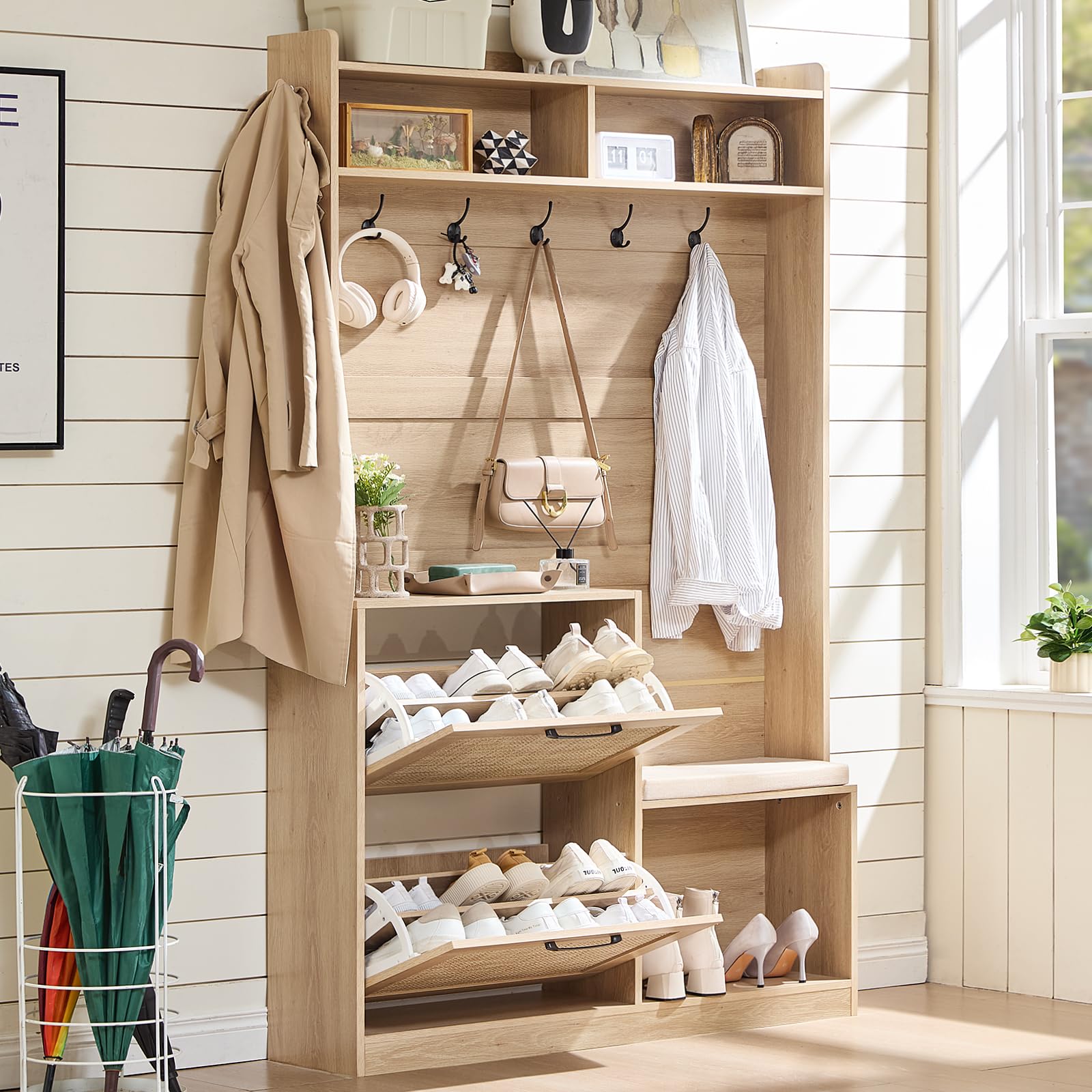 4-in-1 Hall Tree with Bench and Shoe Storage