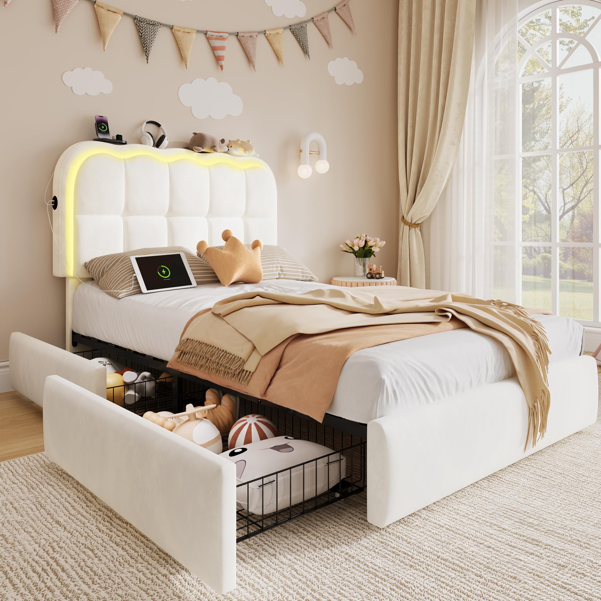 Twin Velvet Platform Bed with Storage & LED Headboard