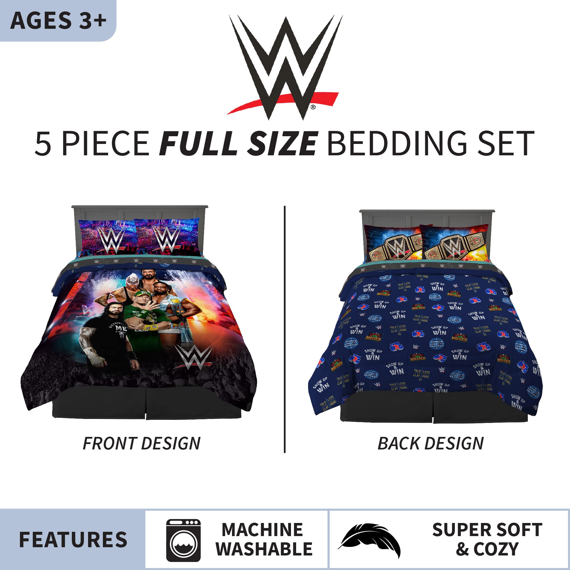 WWE Kids Bedding Set 5 Piece Full Size Reversible Comforter