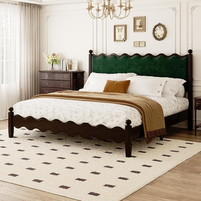 Queen Bed Frame with Vintage Wave Headboard 48" Tall
