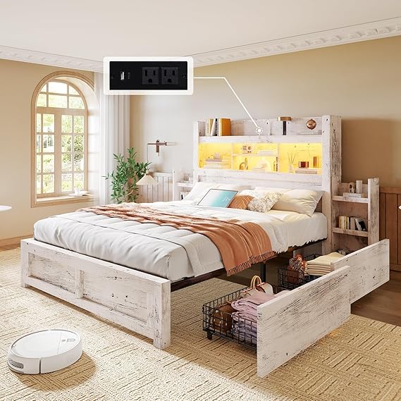 King Bed Frame with Bookcase Headboard and Storage Drawers