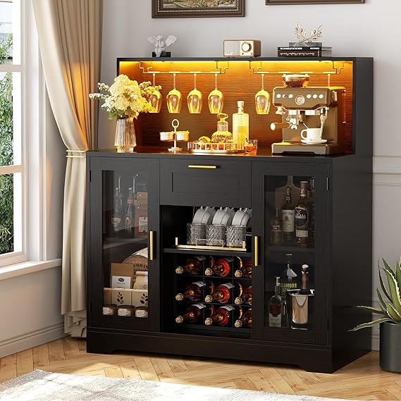 Wine Bar Cabinet with LED Light and Storage