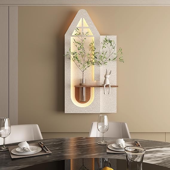 3D LED Wall Decor Sculpture with Artificial Plants and Glass Vase
