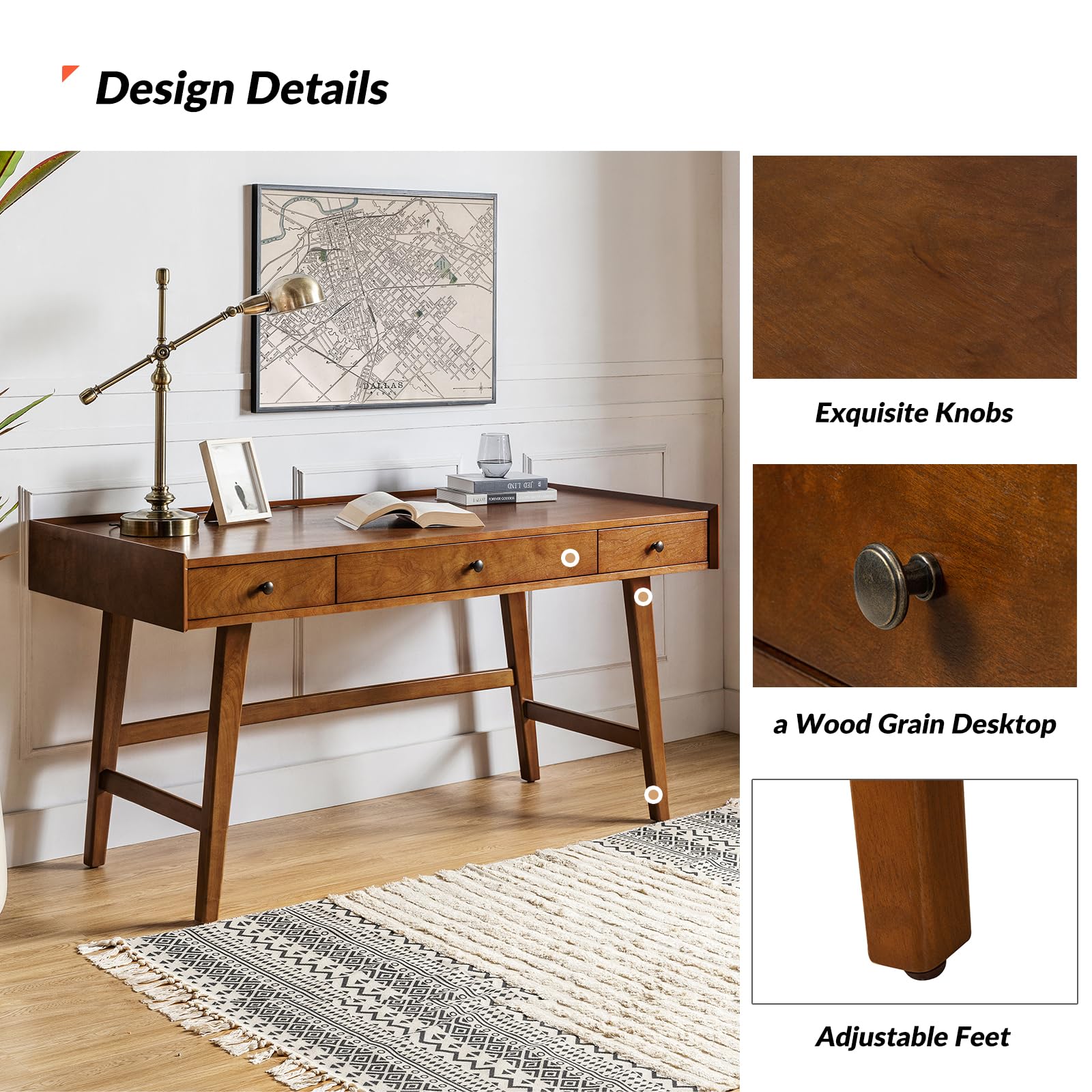 Mid-Century Modern Writing Desk with 3 Drawers