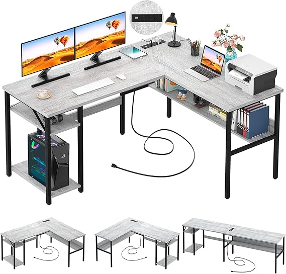 L-Shaped Computer Desk with Power Outlets and USB Ports