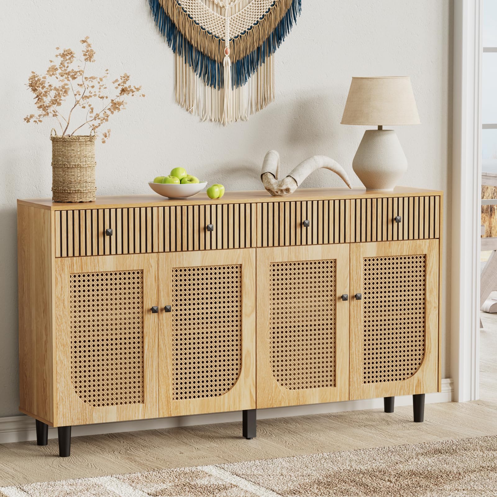 63 Inch Rattan Sideboard Buffet Cabinet with 4 Drawers