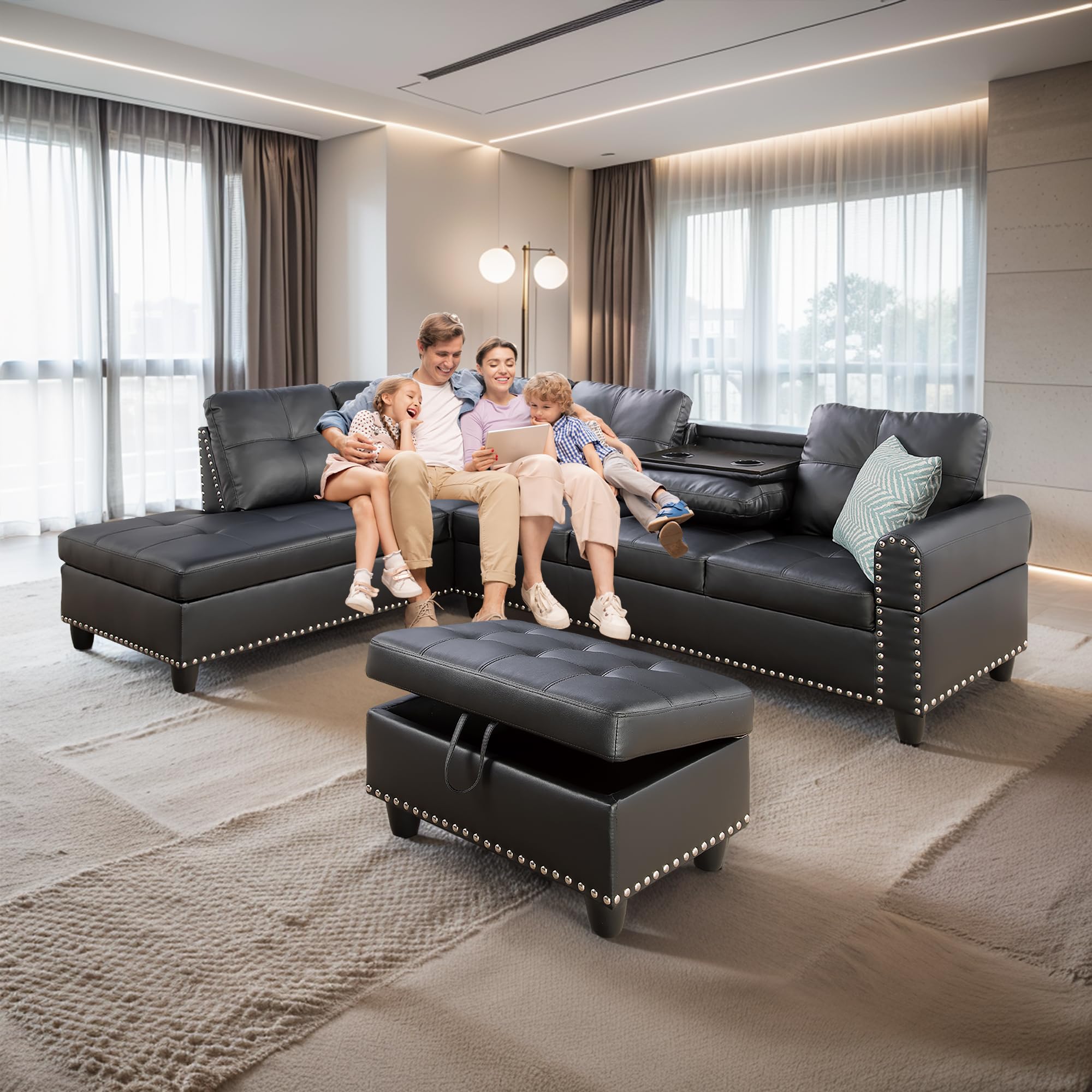 3-Piece Faux Leather Sectional Sofa with Storage Ottoman