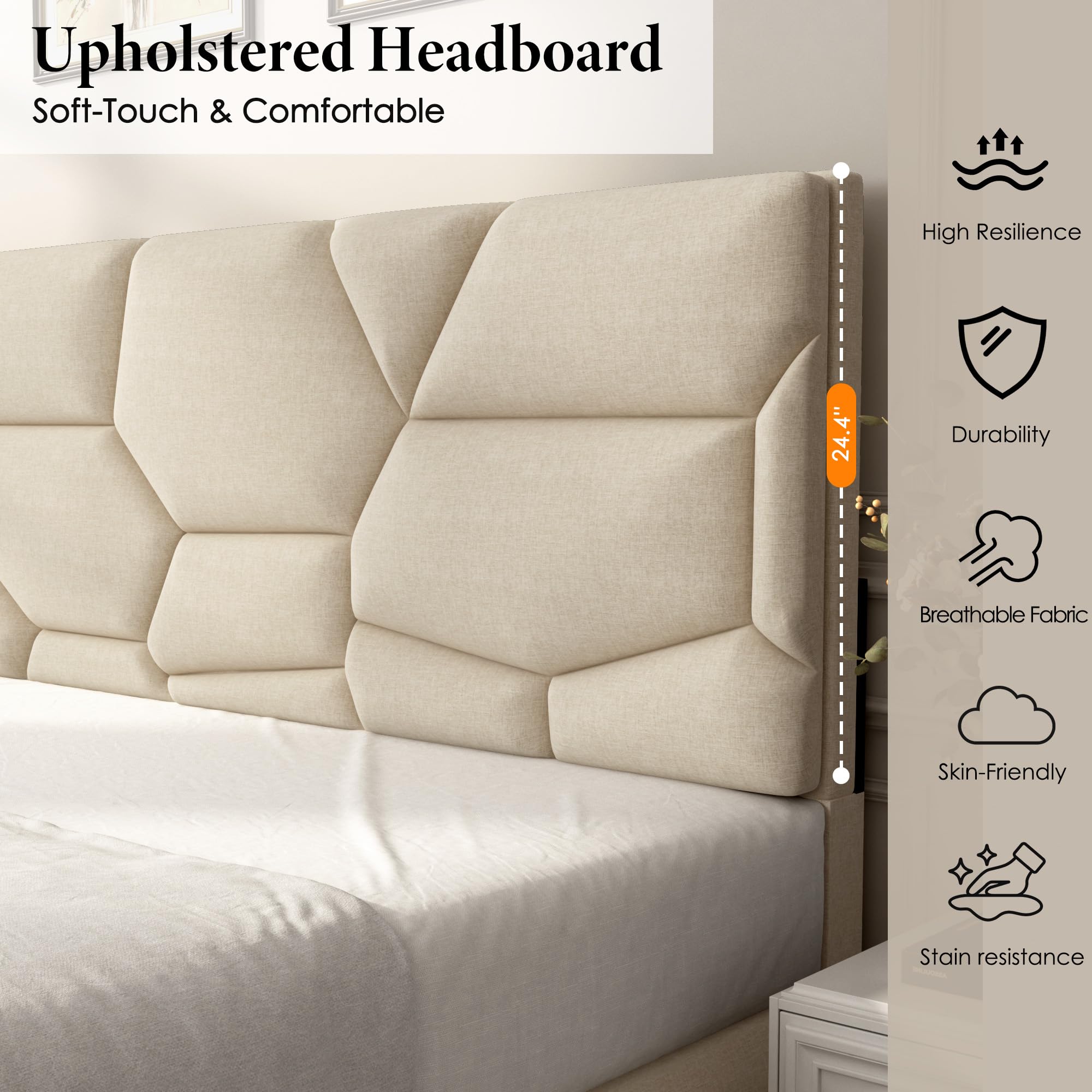 Queen Size Upholstered Platform Bed Frame with Wooden Slats