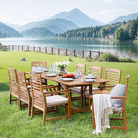 9-Piece Expandable Patio Dining Set with Acacia Wood Table and Rattan Chairs