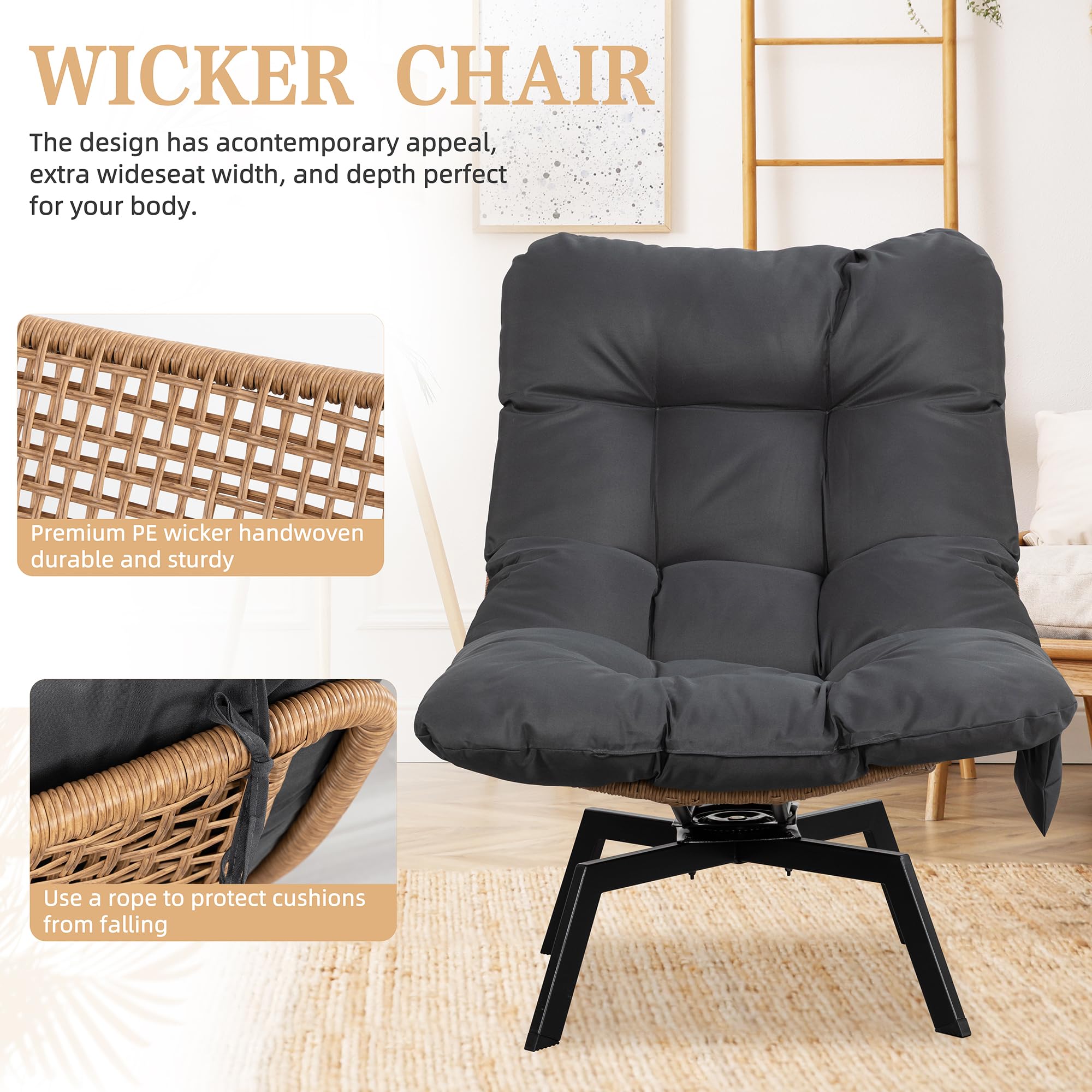 Swivel Wicker Chair with Cushion - Oversized Patio Lounge Chair