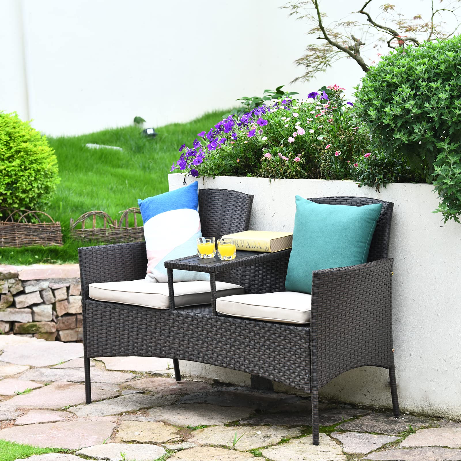 Outdoor Rattan Loveseat Conversation Set with Cushions & Coffee Table