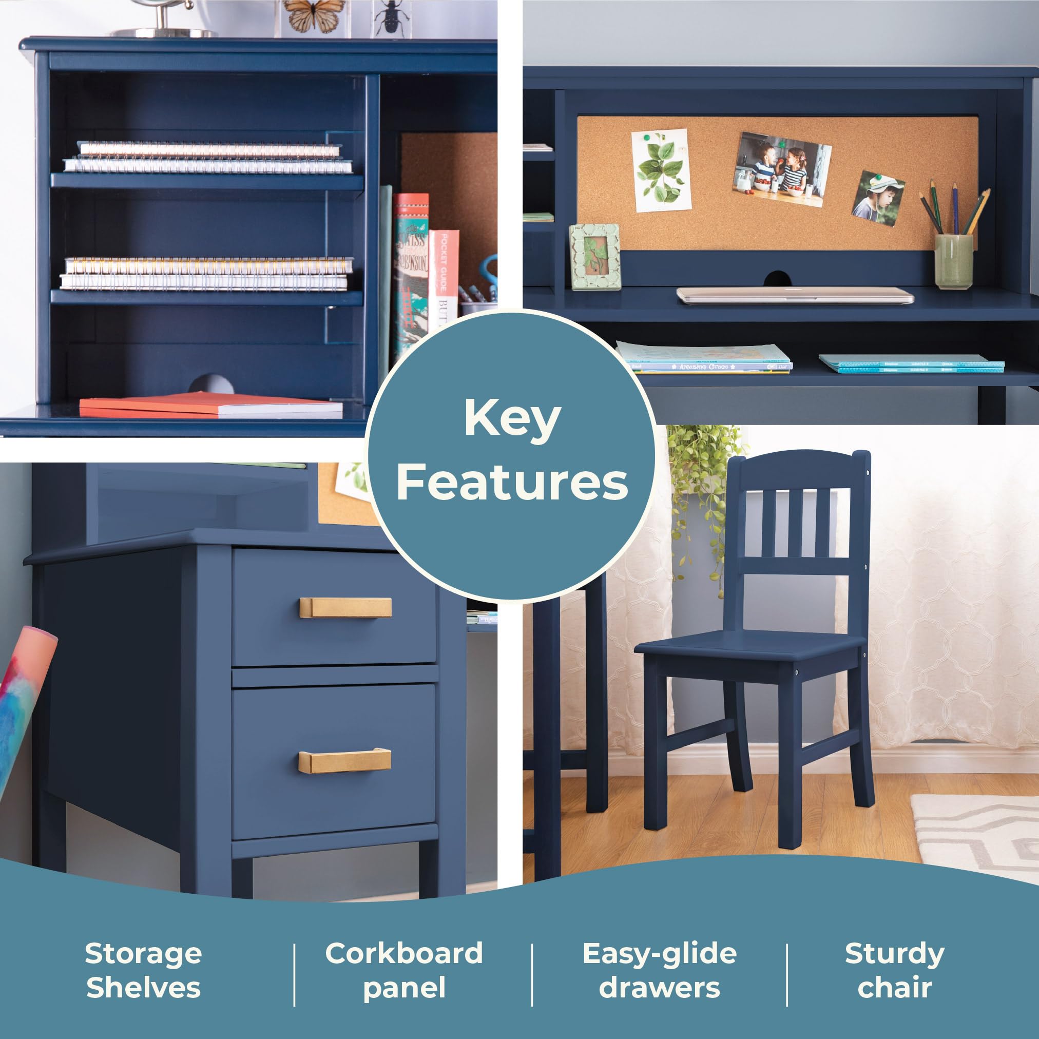 Kids Desk and Chair Set with Hutch - Navy