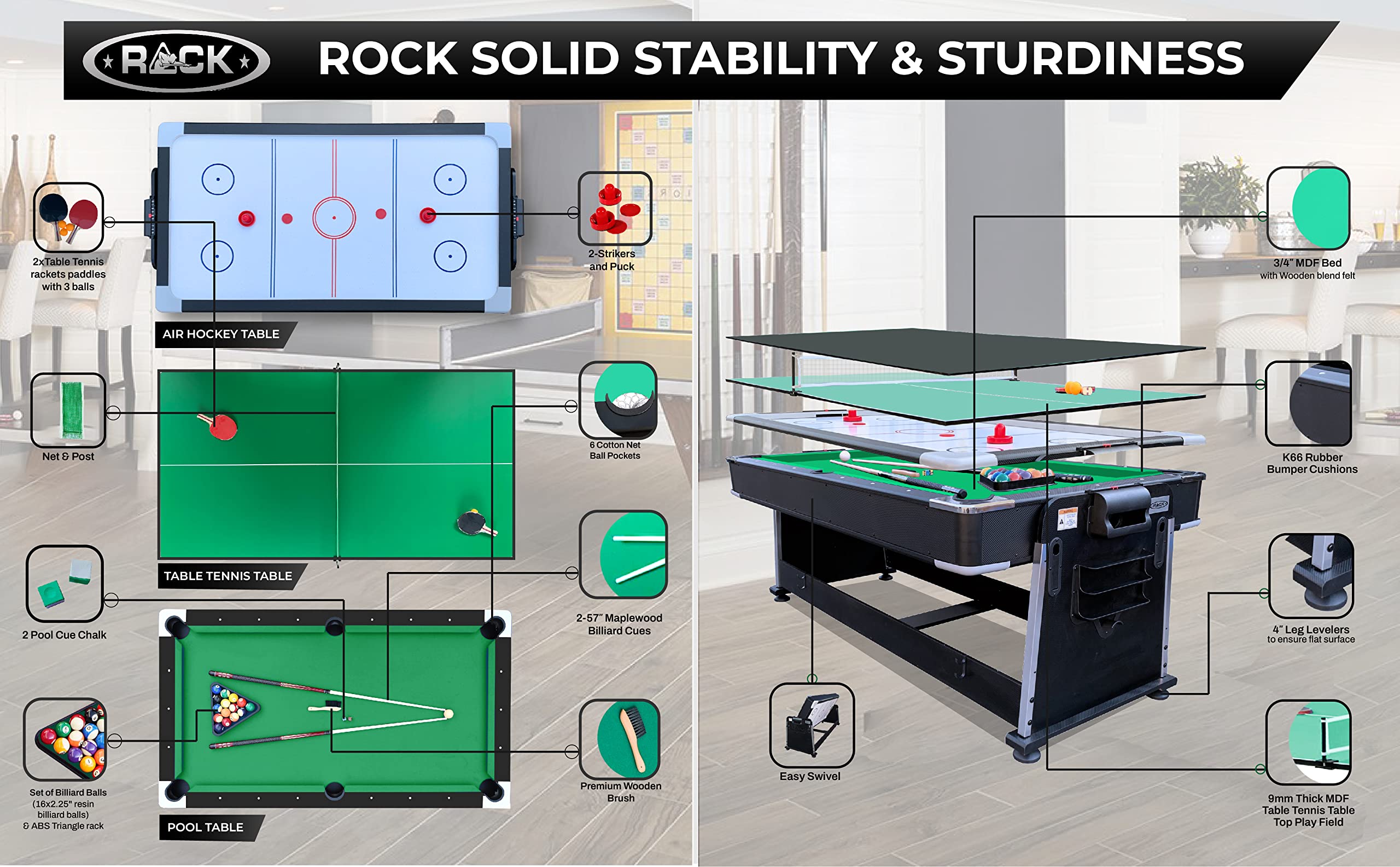 7-Foot 3-in-1 Multi-Game Swivel Table