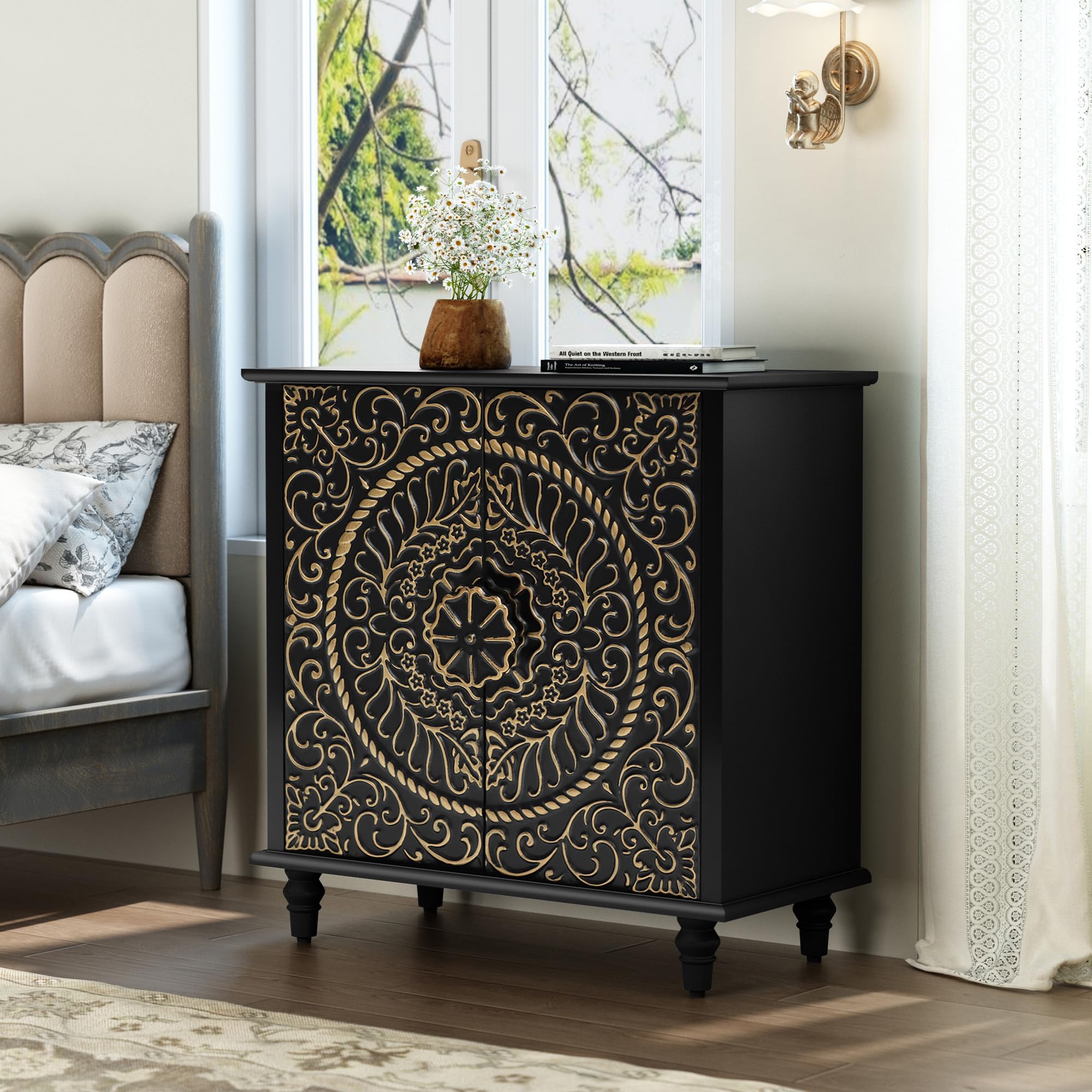 Decorative Accent Storage Cabinet with Carved Flower Pattern
