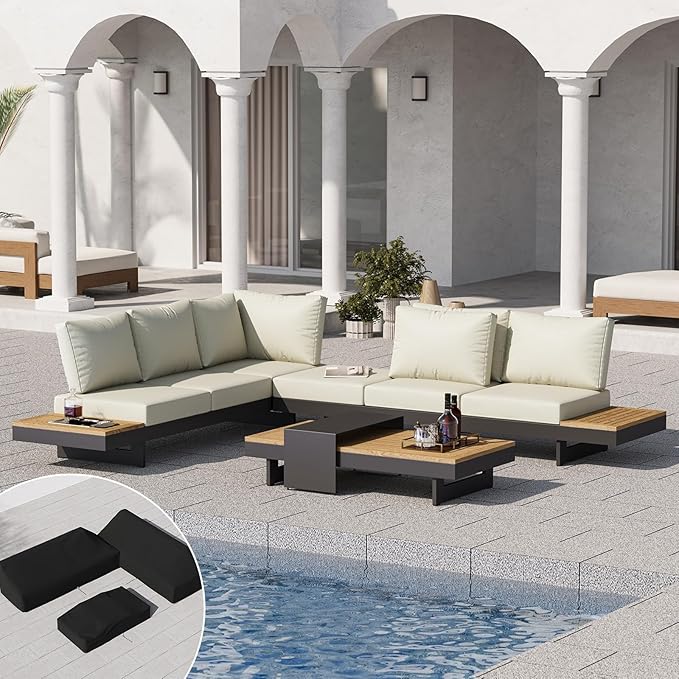 6 Piece Aluminum Teak Patio Sectional Sofa Set with Adjustable Backrests