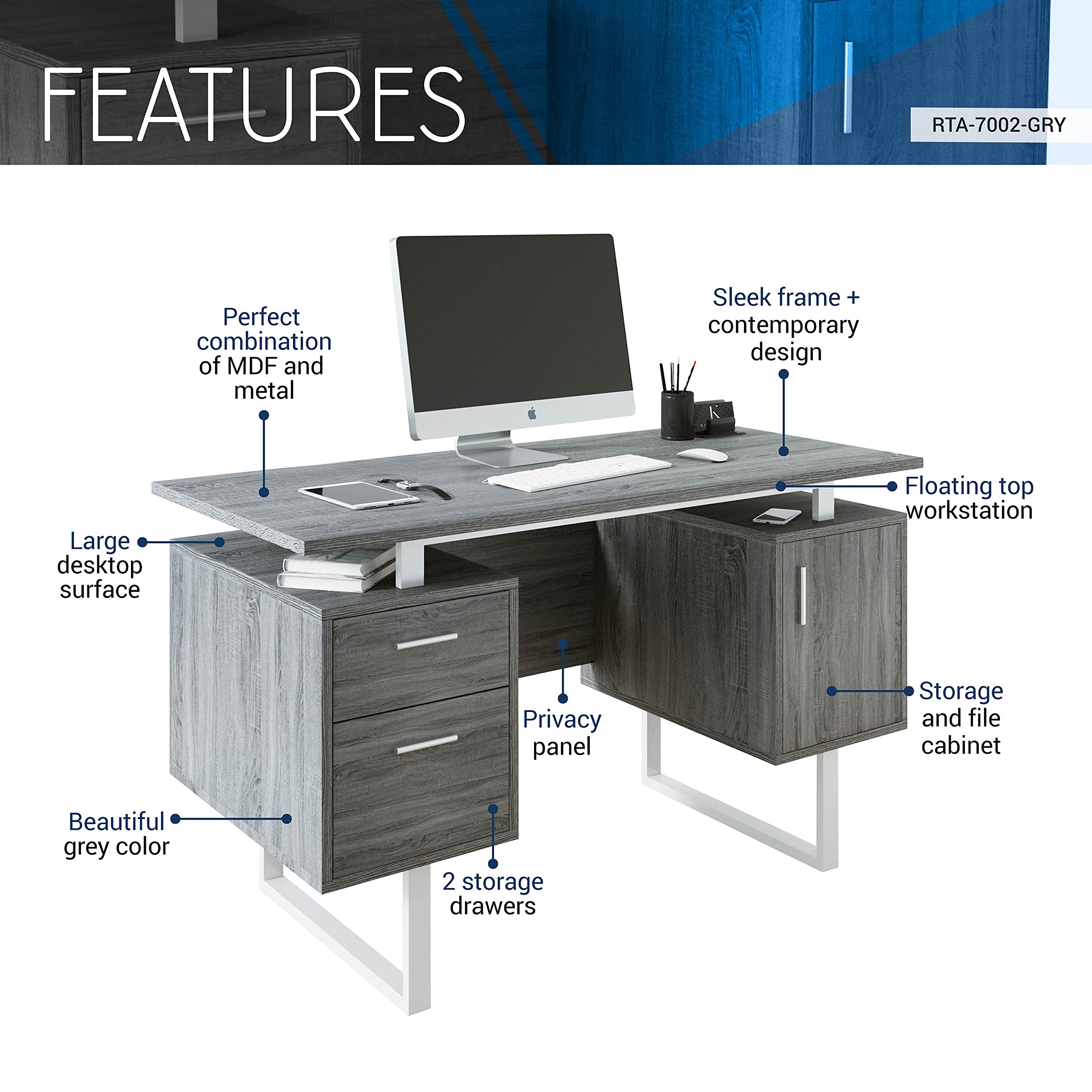 Techni Mobili Modern Office Desk with Storage, Gray