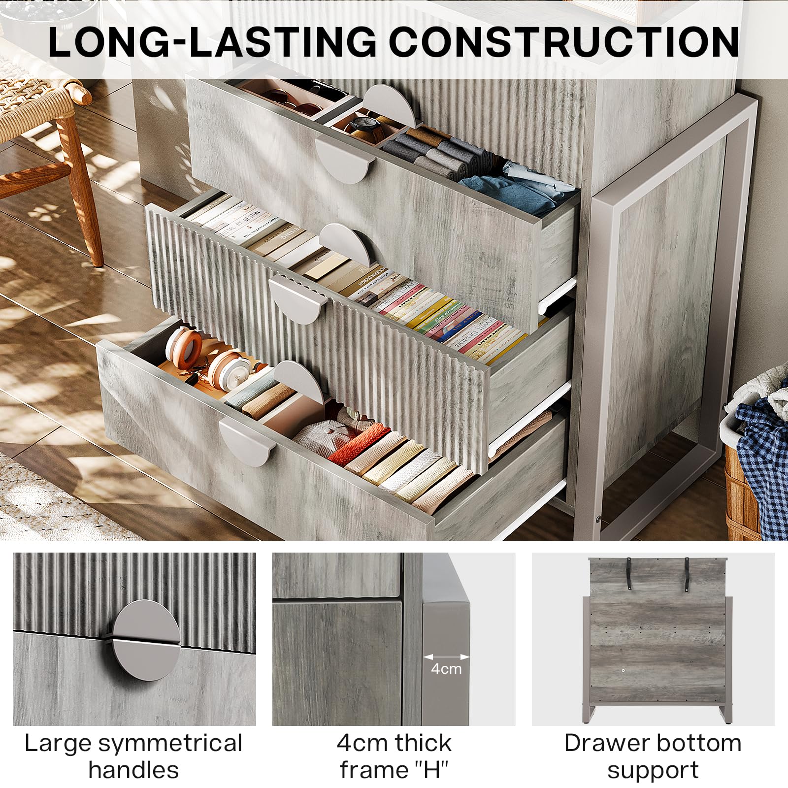 Fluted Dresser with 4 Drawers - Modern Chest with Steel Frame