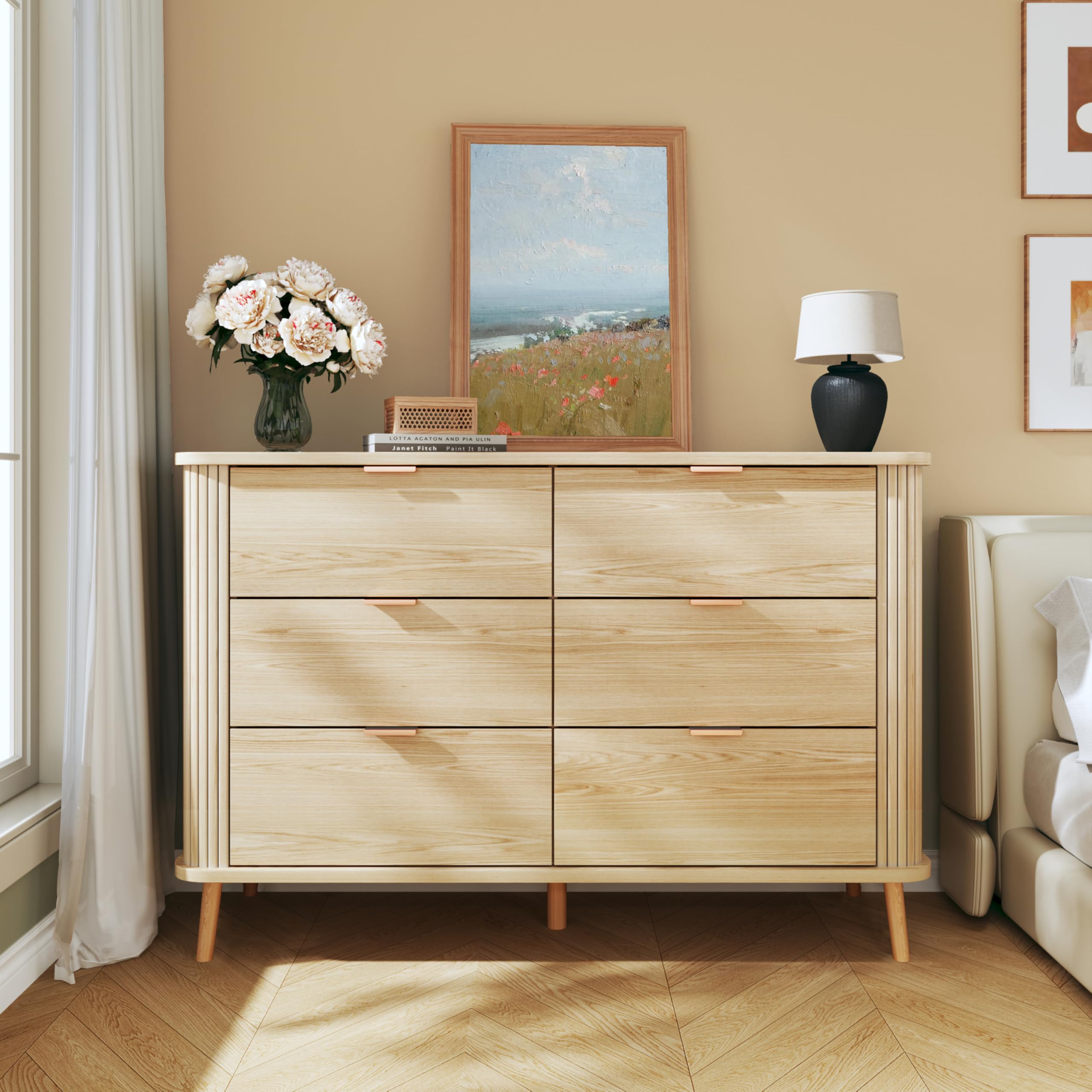 6 Drawer Dresser with Curved Profile and Fluted Design