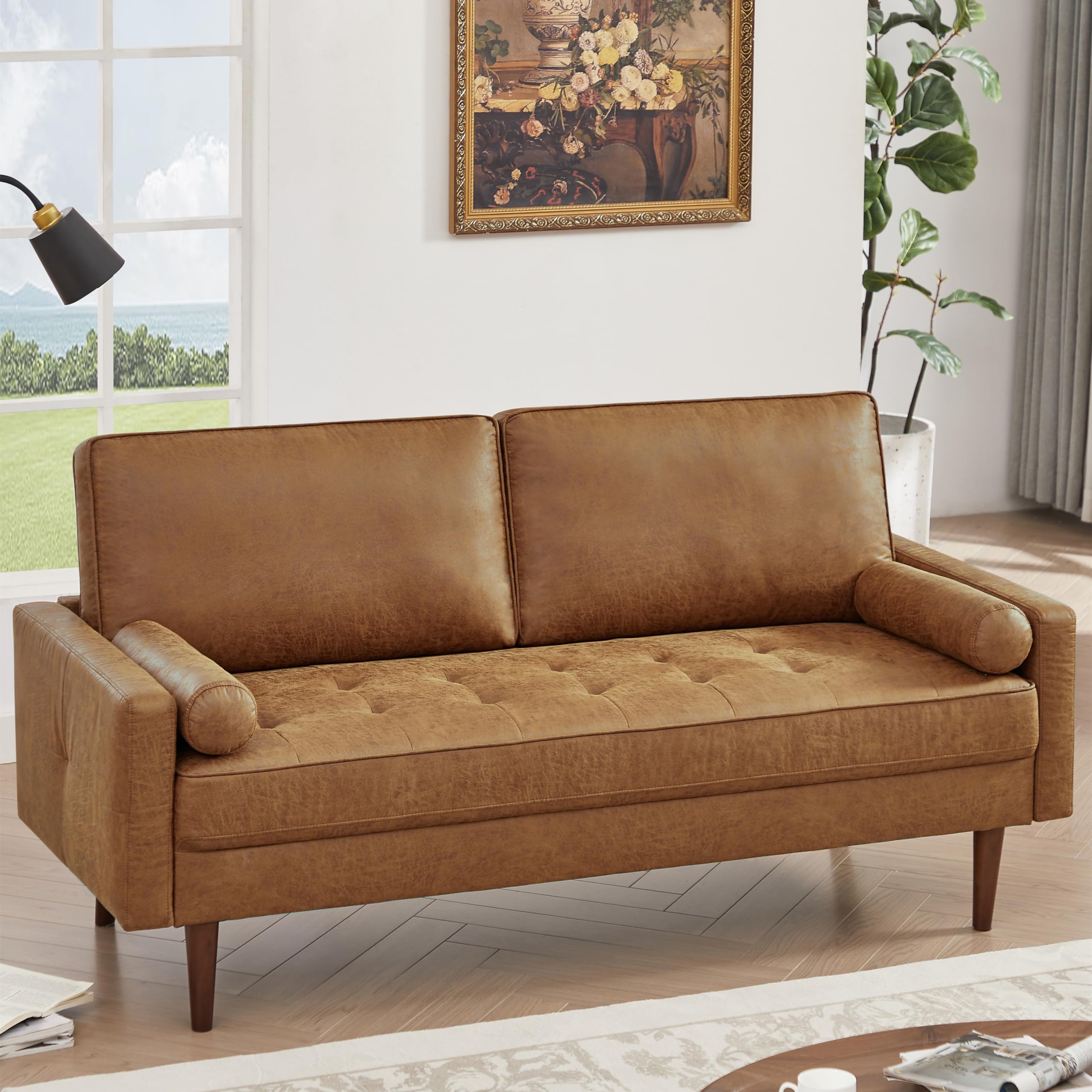 58" Mid-Century Modern Loveseat Sofa - Brown Faux Leather