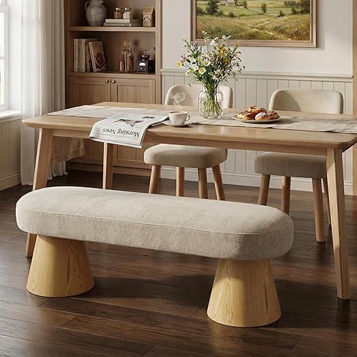 64" Oval Boucle Dining Bench Beige