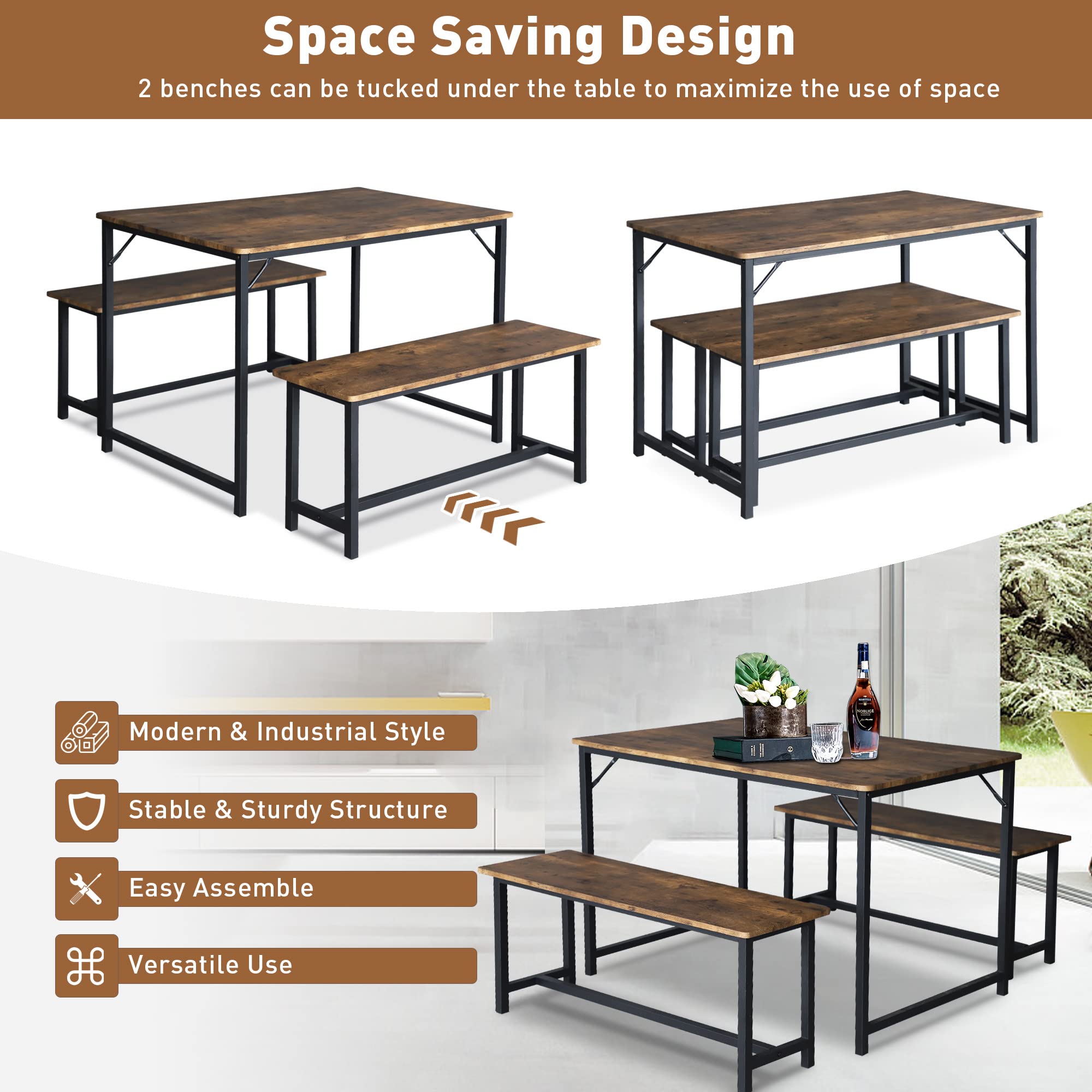 Kitchen Table Set with 2 Benches