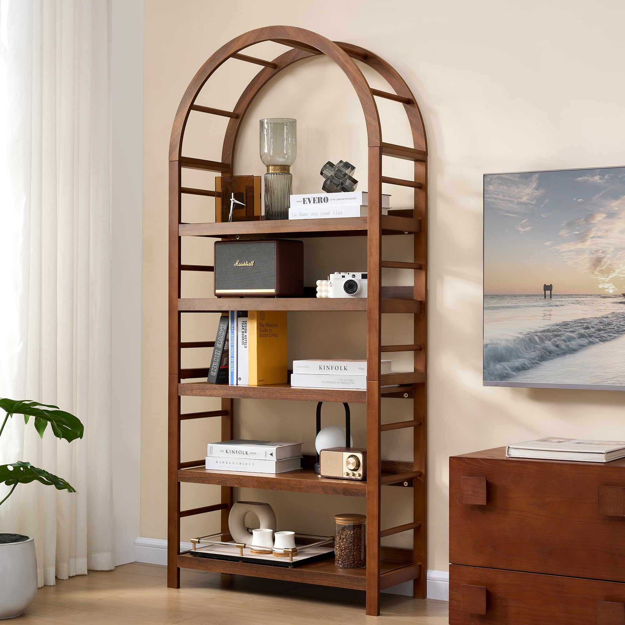 5-Tier Arched Bookshelf with Solid Wood Frame