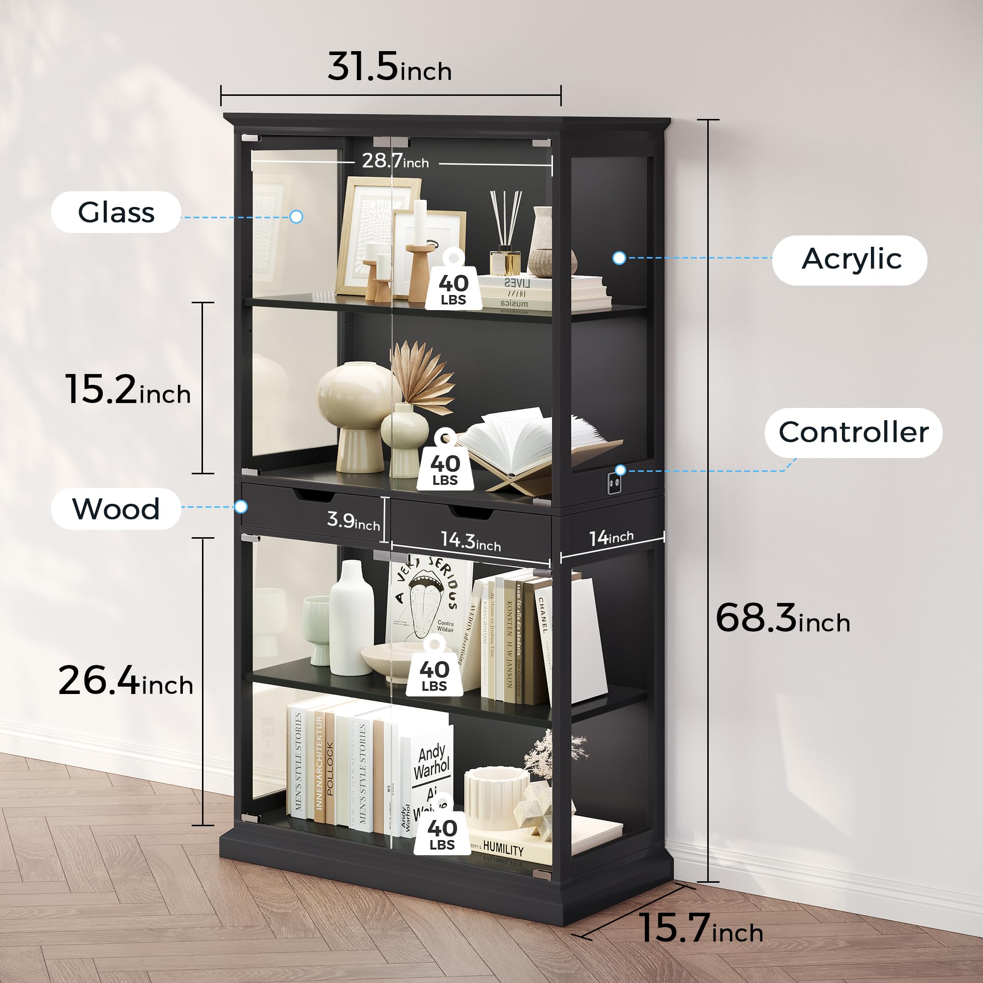 68" Glass Display Cabinet with RGB LED, Human Sensor & 2 Drawers