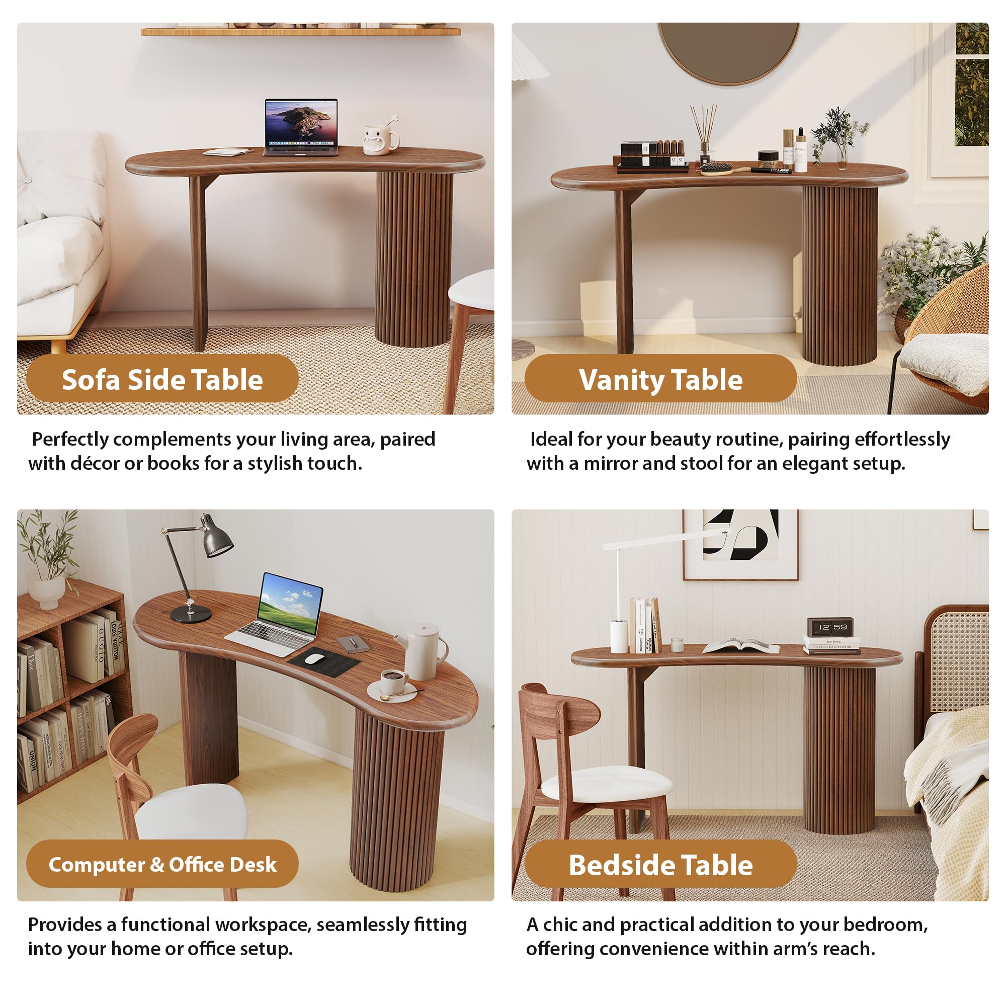 Curved Wooden Computer Desk with Fluted Legs