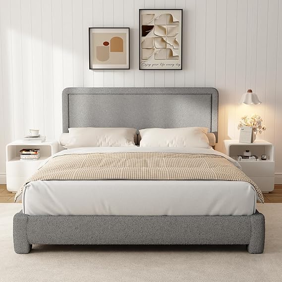 Full Size Boucle Upholstered Bed Frame with Adjustable Headboard