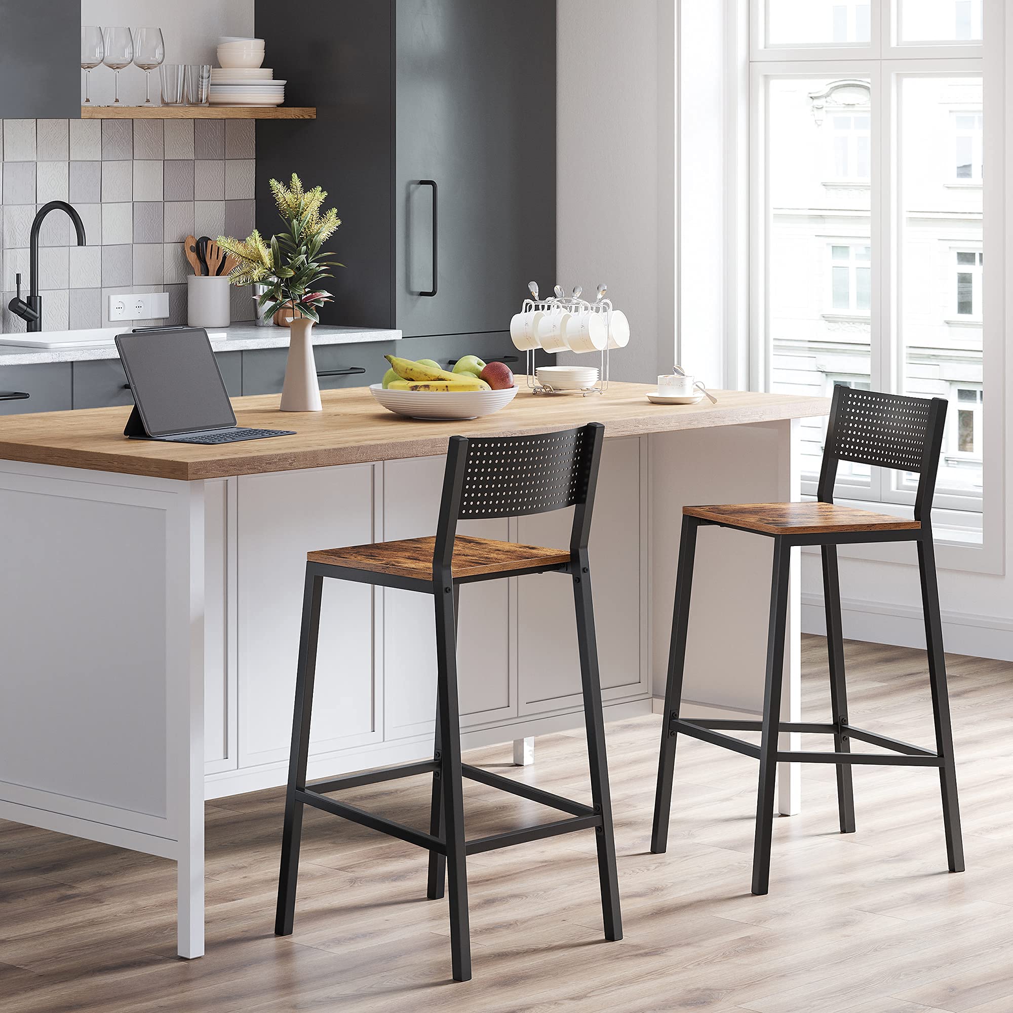 Rustic Brown Bar Stool with Backrest